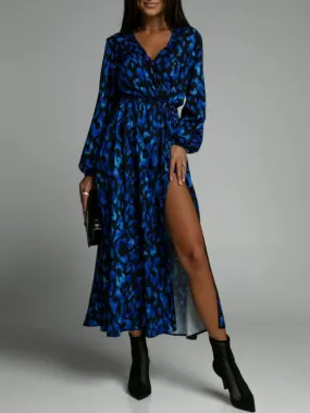 🌟 Printed Split Hem V-neck Long Sleeve Dress 🌟