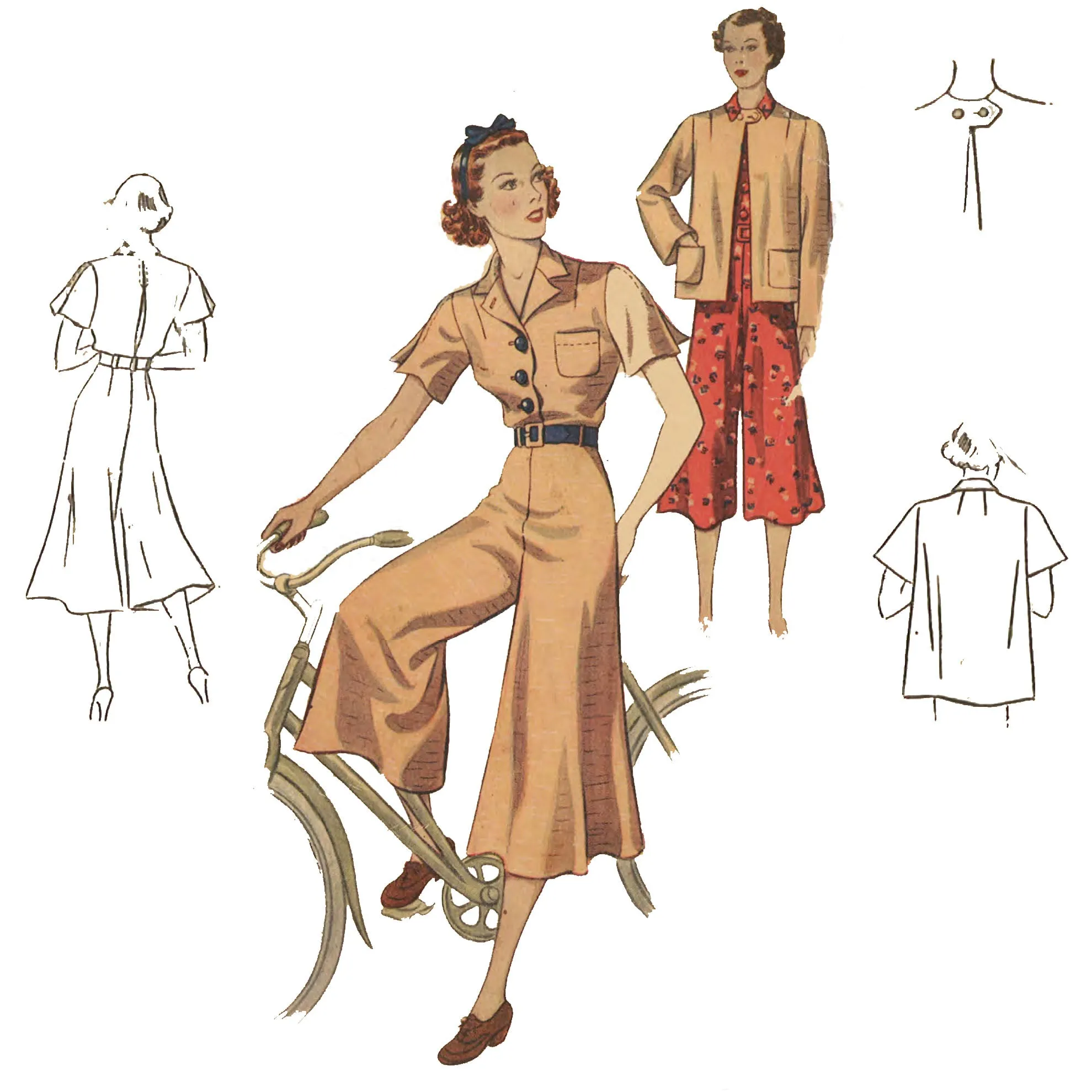 1930's Sewing Pattern: WWII Culottes Dress, Jacket, Safari  - Bust 30" (76cm)