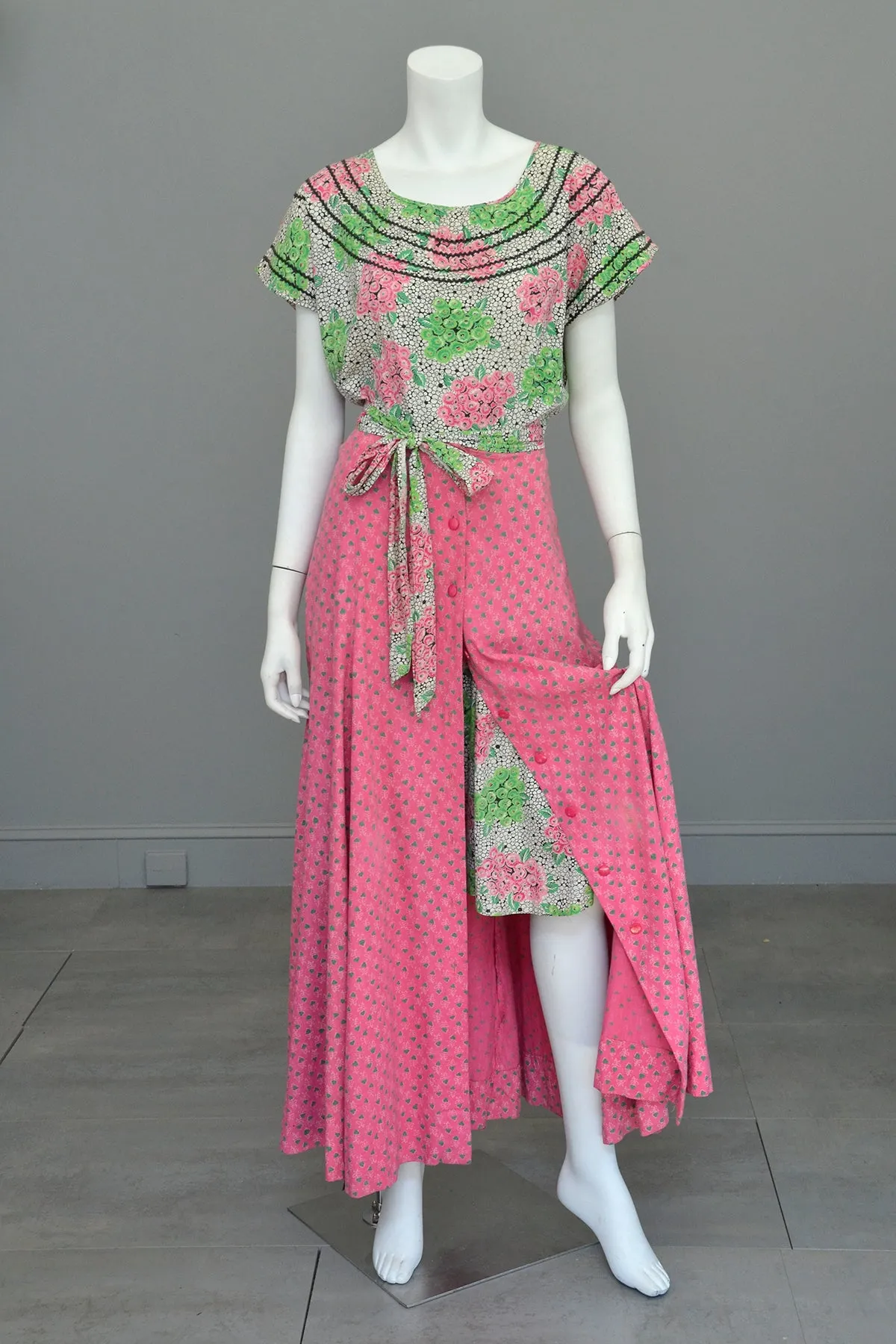 1970s Preppy Pink and Green Heart Shaped Floral Print Button Down Maxi Skirt