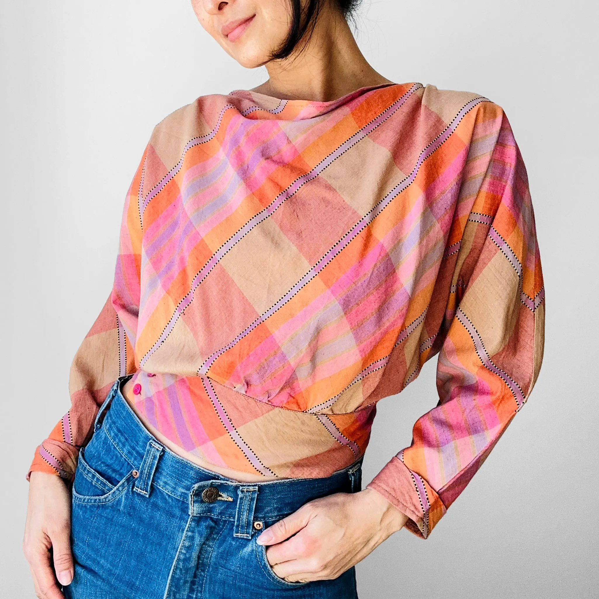 1980s Pink and Gold Large Plaid Print Cotton Shirt -  Sz. XS / S