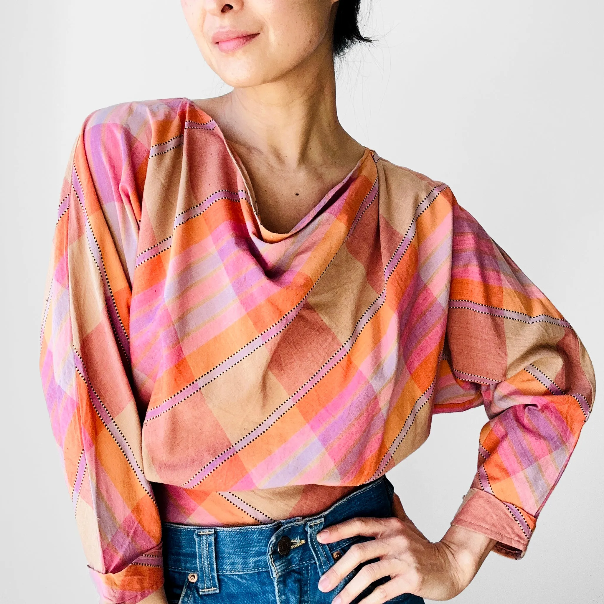 1980s Pink and Gold Large Plaid Print Cotton Shirt -  Sz. XS / S