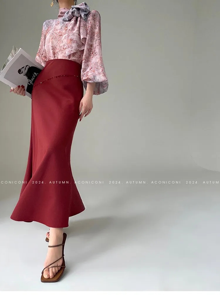 Aconiconi Elegant Wine Red Retro High Waist Long Maxi Skirt- Freud's love poems