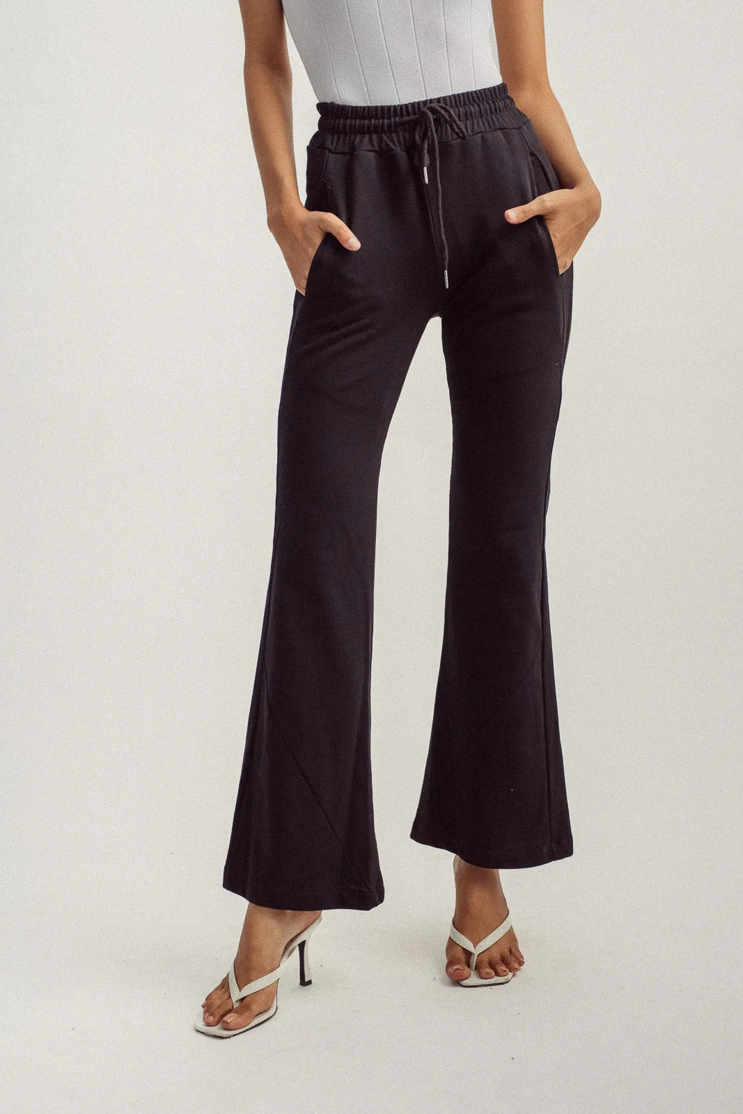 Amora Black Elastic Waist Straight Cut Culottes with Drawstring