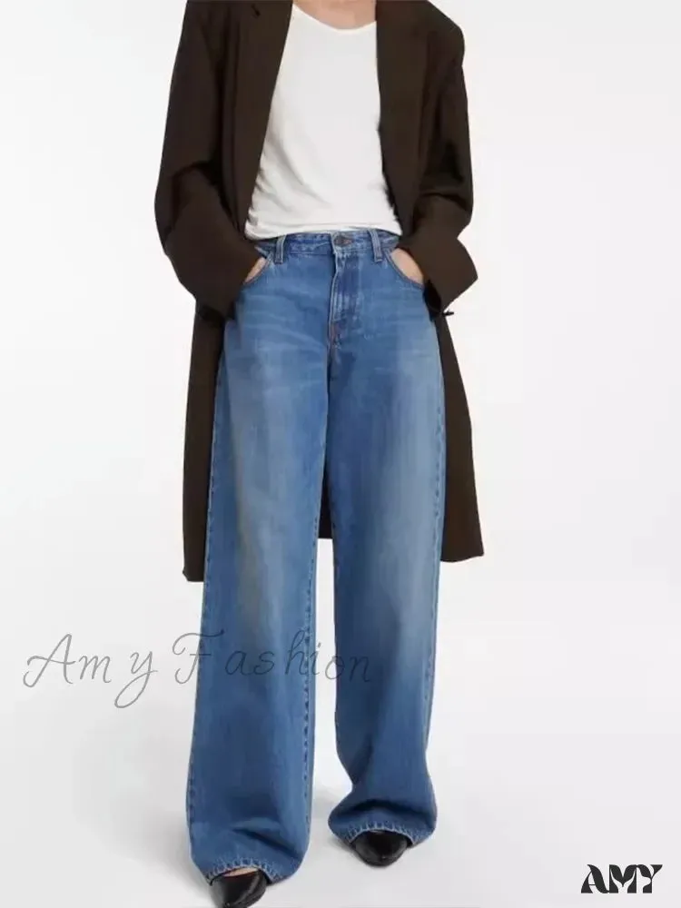 Amy Fashion - High Quality Autumn New Floor-length Denim High-waisted Minimalist Style Loose Wide-leg Jean