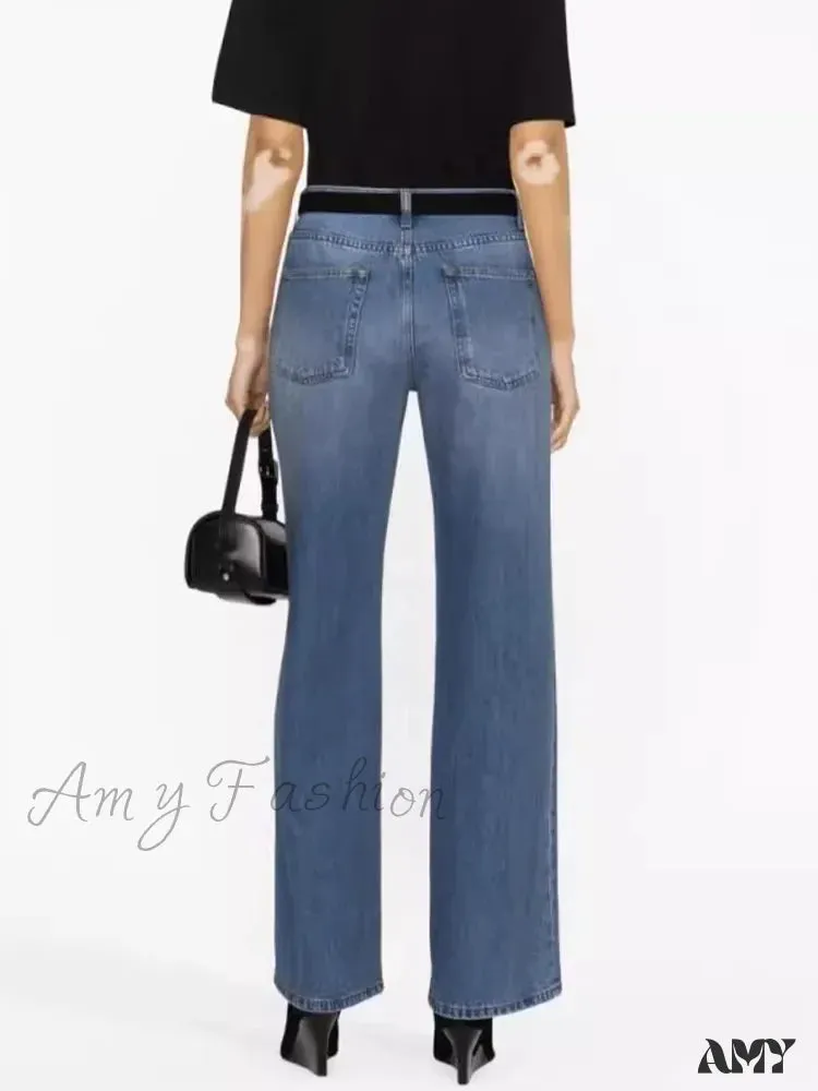 Amy Fashion - High Quality Autumn New Floor-length Denim High-waisted Minimalist Style Loose Wide-leg Jean