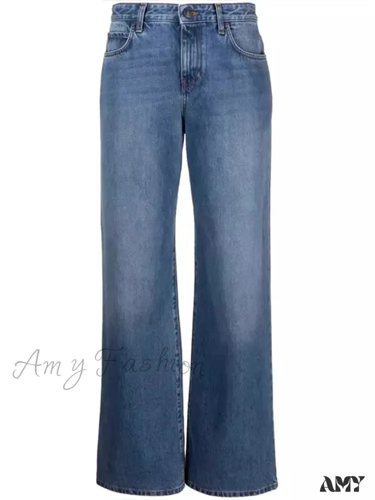 Amy Fashion - High Quality Autumn New Floor-length Denim High-waisted Minimalist Style Loose Wide-leg Jean