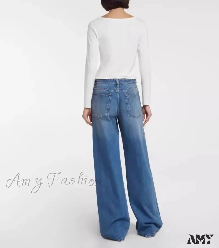 Amy Fashion - High Quality Autumn New Floor-length Denim High-waisted Minimalist Style Loose Wide-leg Jean