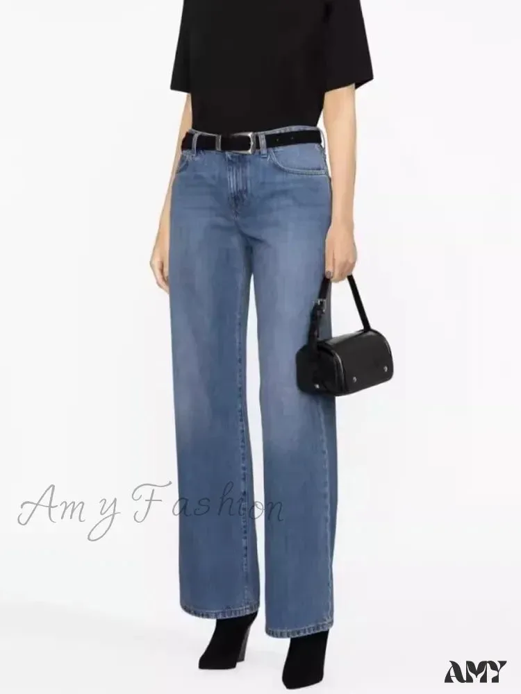 Amy Fashion - High Quality Autumn New Floor-length Denim High-waisted Minimalist Style Loose Wide-leg Jean