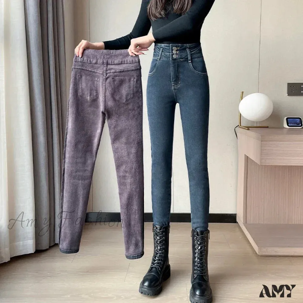 Amy Fashion - Winter Plus Velvet Warm Women Thickened High Waist Casual Slim Stretch Denim Trousers Skinny Pencil Pants Jean