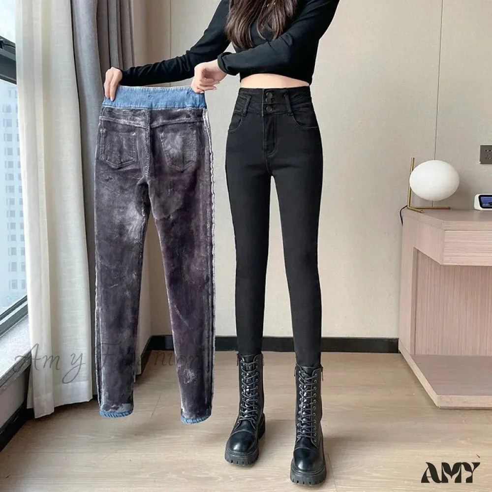 Amy Fashion - Winter Plus Velvet Warm Women Thickened High Waist Casual Slim Stretch Denim Trousers Skinny Pencil Pants Jean