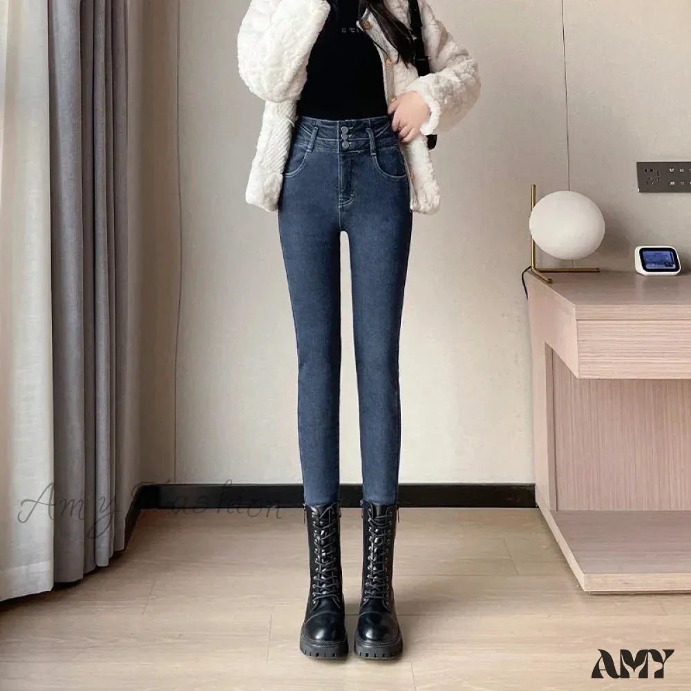 Amy Fashion - Winter Plus Velvet Warm Women Thickened High Waist Casual Slim Stretch Denim Trousers Skinny Pencil Pants Jean