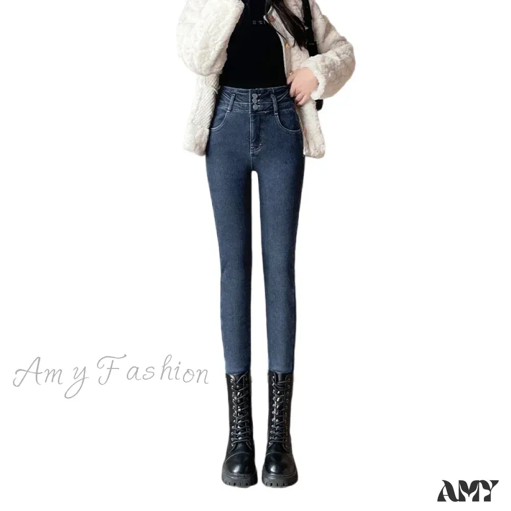 Amy Fashion - Winter Plus Velvet Warm Women Thickened High Waist Casual Slim Stretch Denim Trousers Skinny Pencil Pants Jean