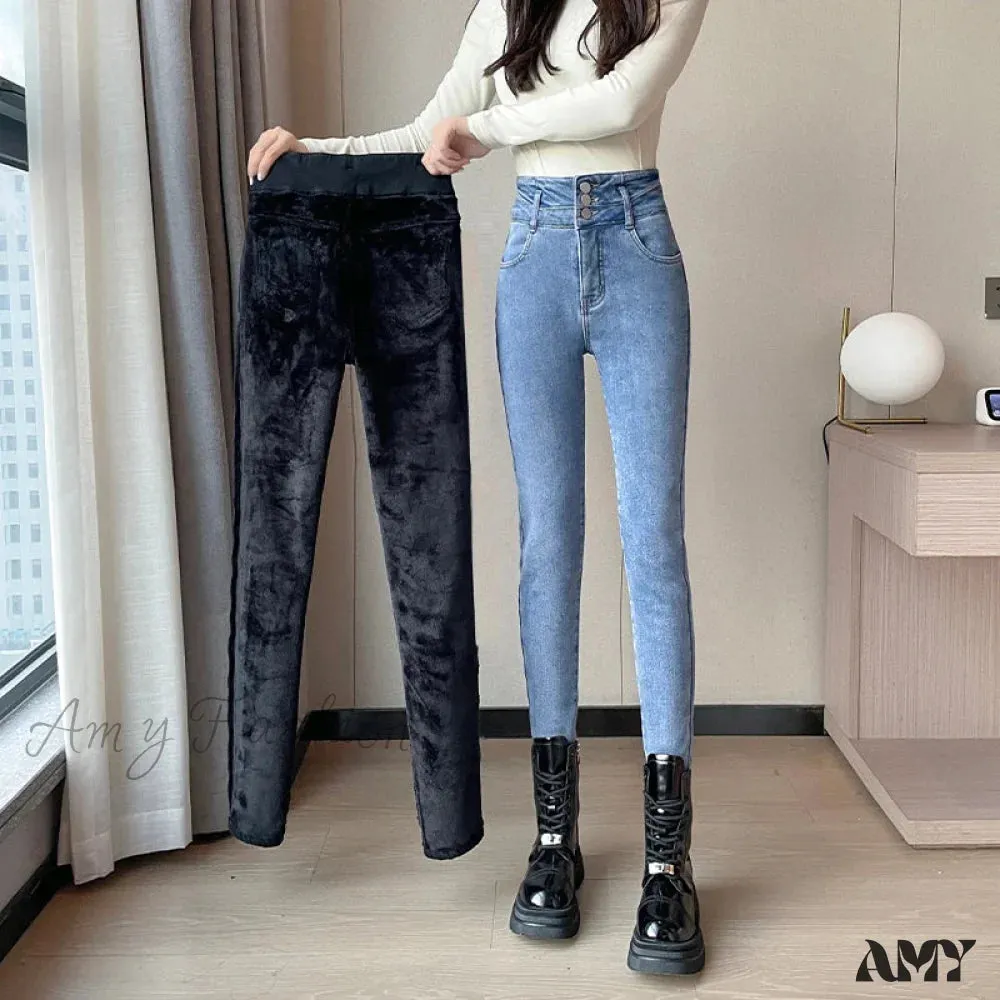 Amy Fashion - Winter Plus Velvet Warm Women Thickened High Waist Casual Slim Stretch Denim Trousers Skinny Pencil Pants Jean