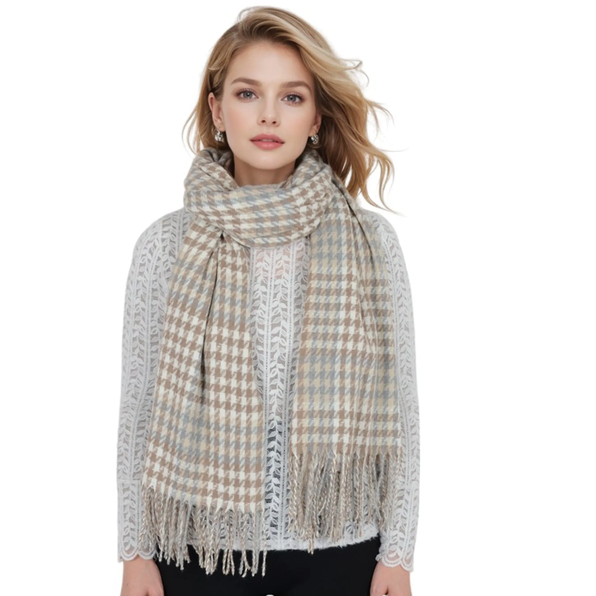 Anna-Kaci Women's Houndstooth Plaid Winter Scarf Soft Fringe Oversized Wrap Shawls