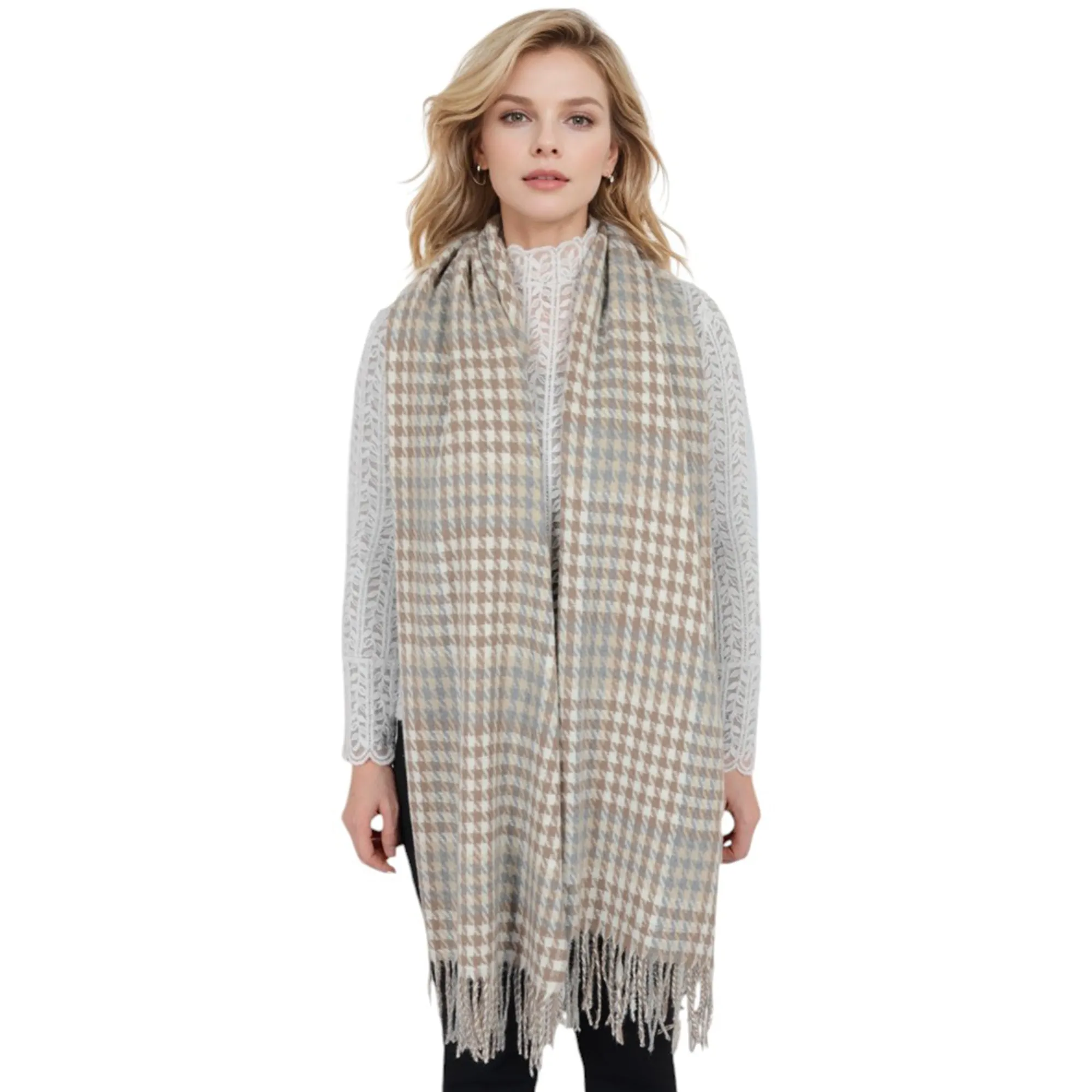 Anna-Kaci Women's Houndstooth Plaid Winter Scarf Soft Fringe Oversized Wrap Shawls