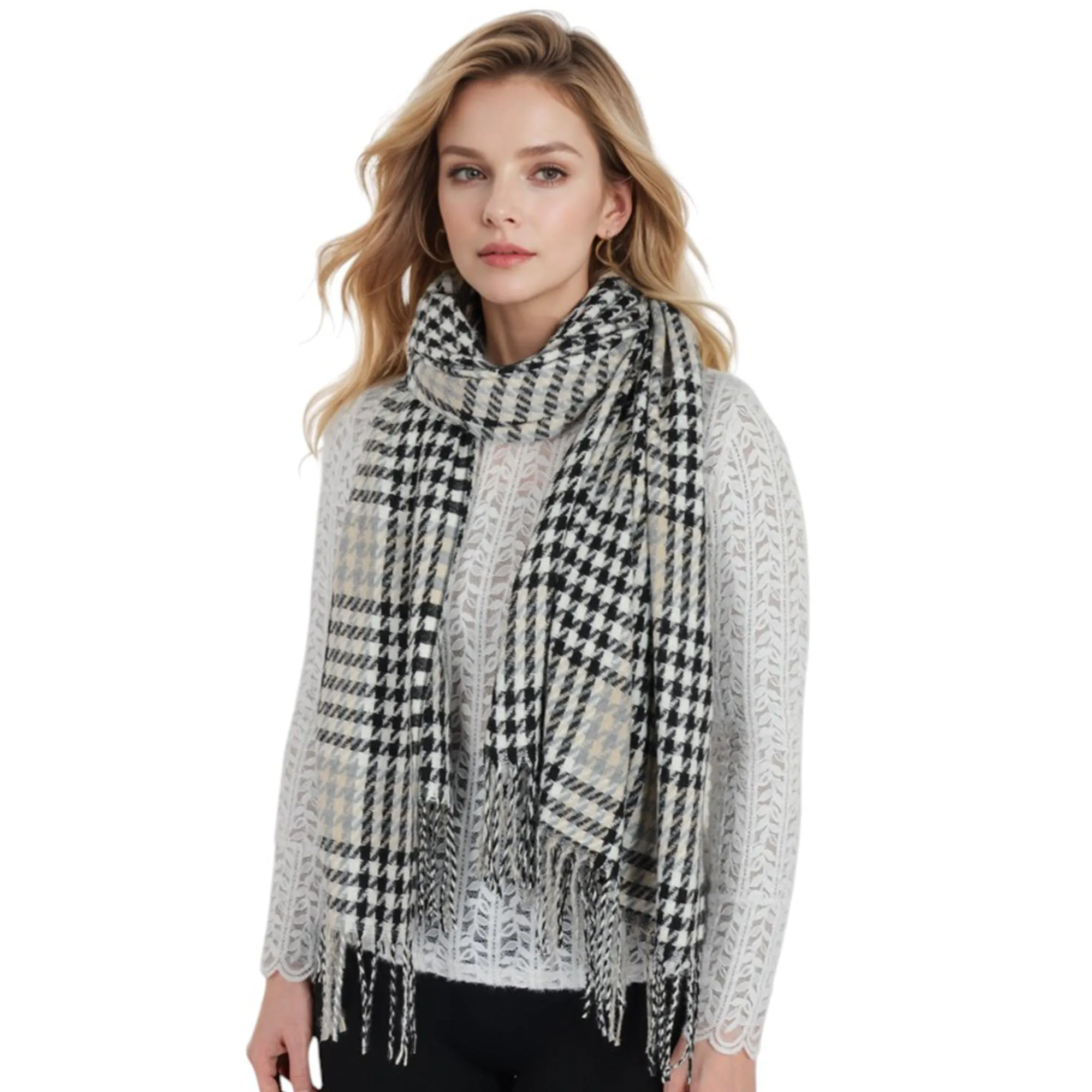 Anna-Kaci Women's Houndstooth Plaid Winter Scarf Soft Fringe Oversized Wrap Shawls