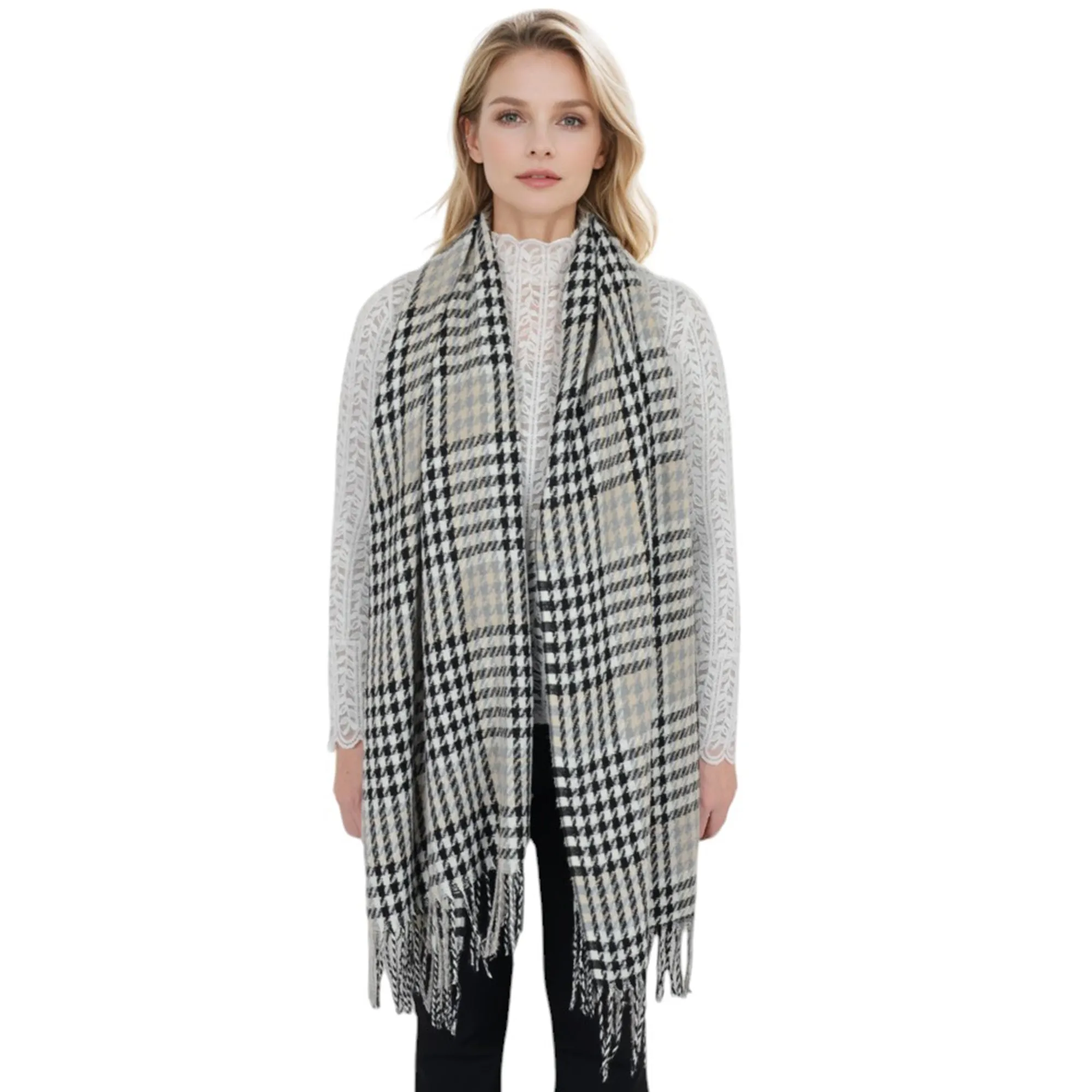 Anna-Kaci Women's Houndstooth Plaid Winter Scarf Soft Fringe Oversized Wrap Shawls