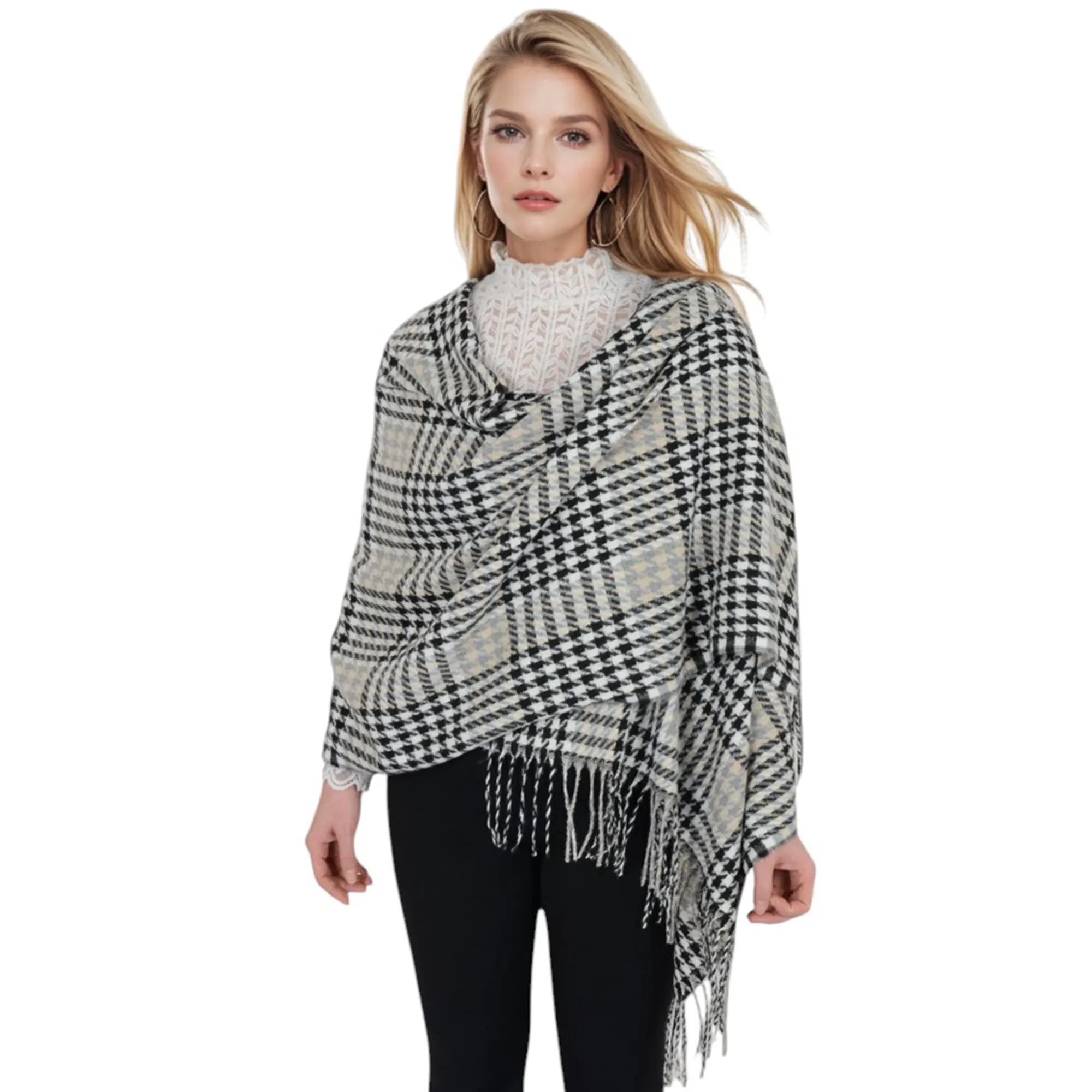 Anna-Kaci Women's Houndstooth Plaid Winter Scarf Soft Fringe Oversized Wrap Shawls