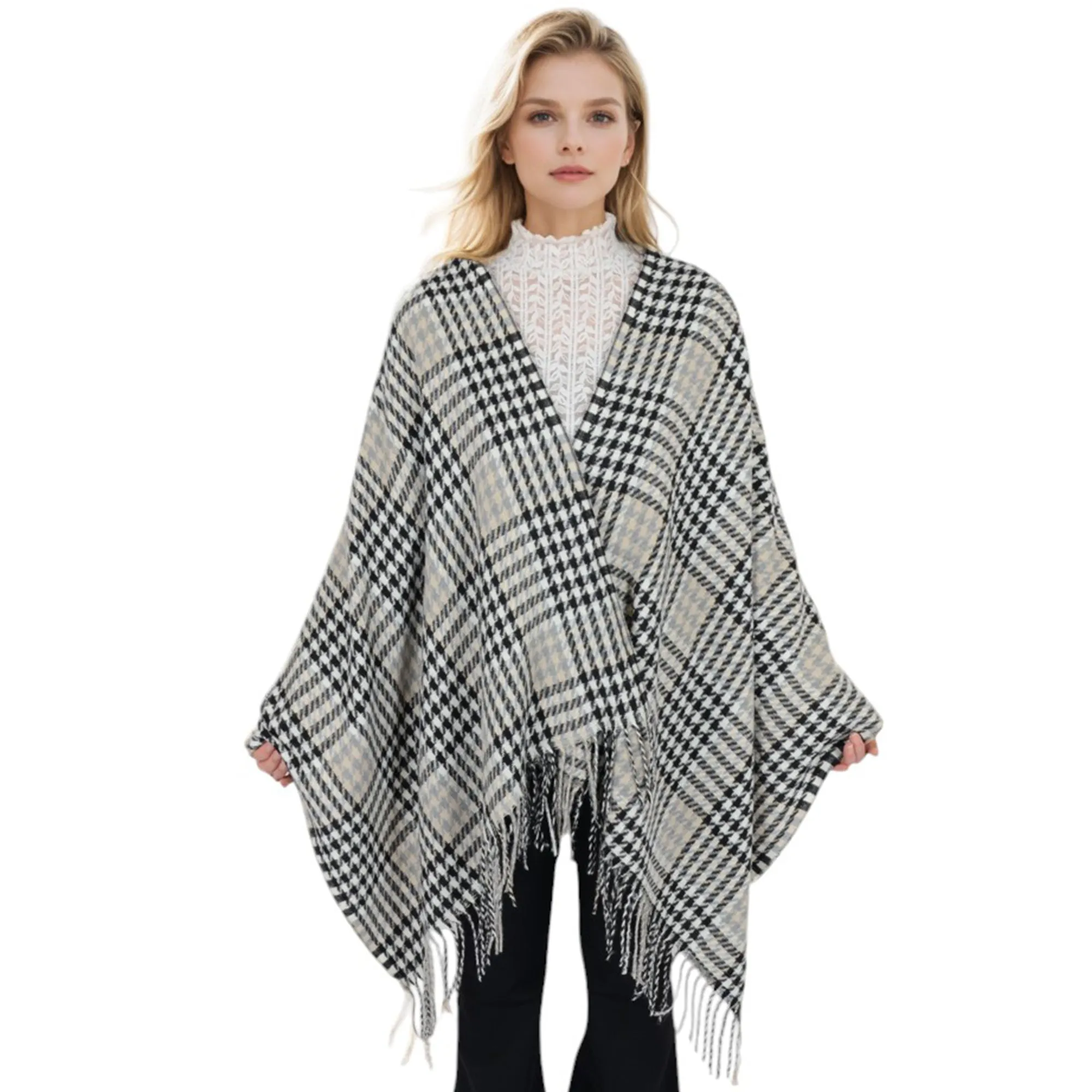 Anna-Kaci Women's Houndstooth Plaid Winter Scarf Soft Fringe Oversized Wrap Shawls