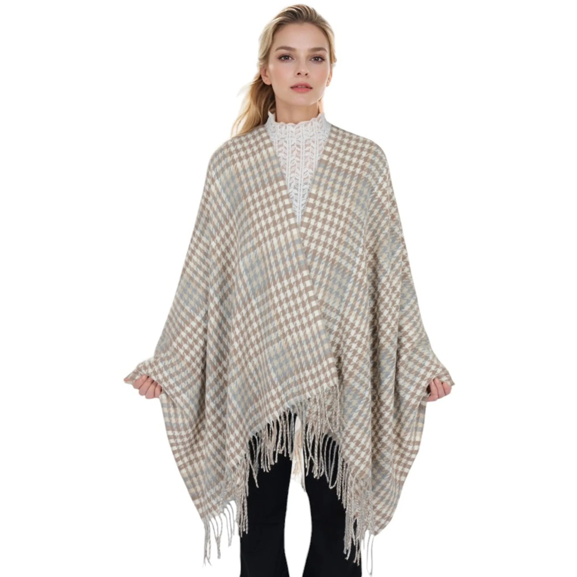 Anna-Kaci Women's Houndstooth Plaid Winter Scarf Soft Fringe Oversized Wrap Shawls