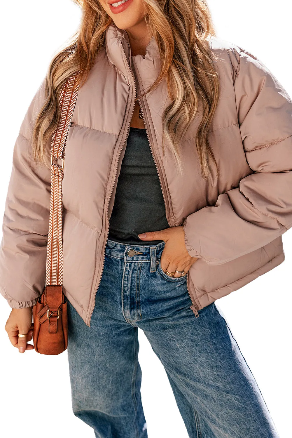 Apricot Pink Full Zipper Quilted Puffer Jacket