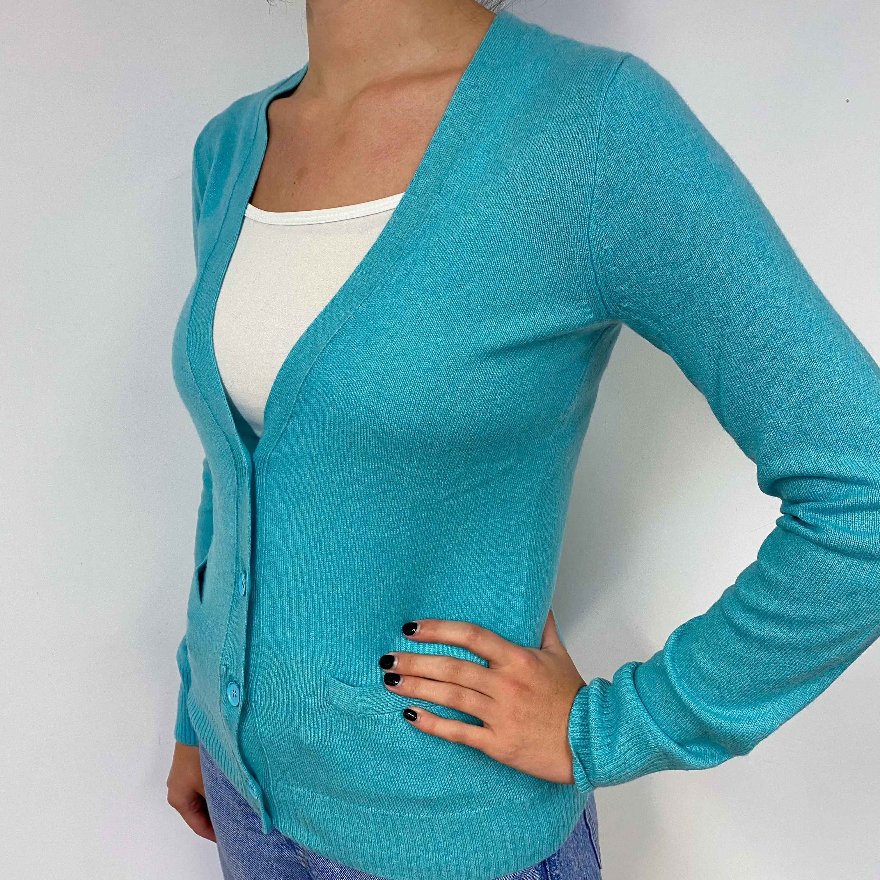 Aquamarine Blue Cashmere V-Neck Cardigan Small