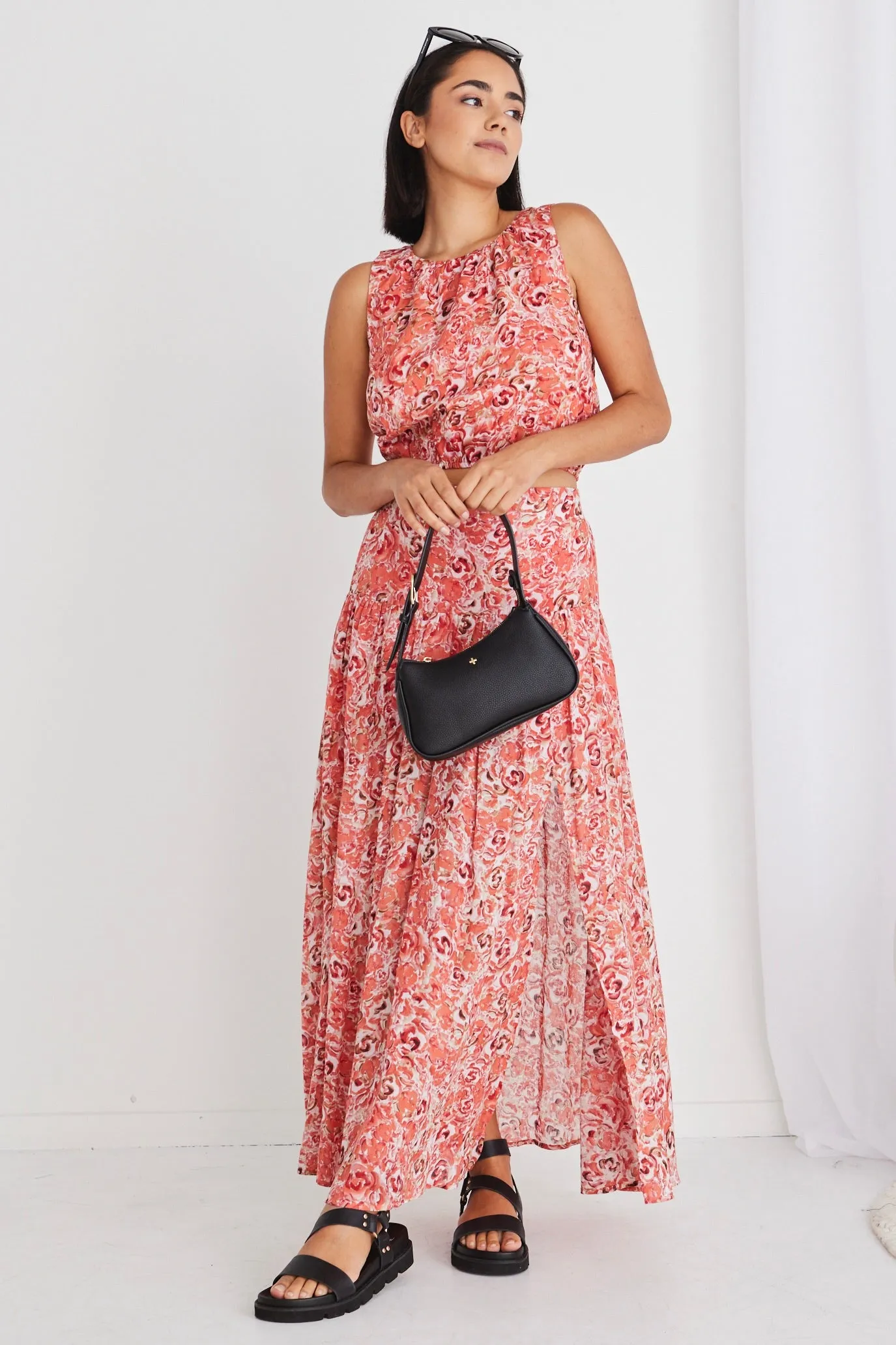 Aquarius Cinnamon Floral Tiered Split Front Maxi Skirt