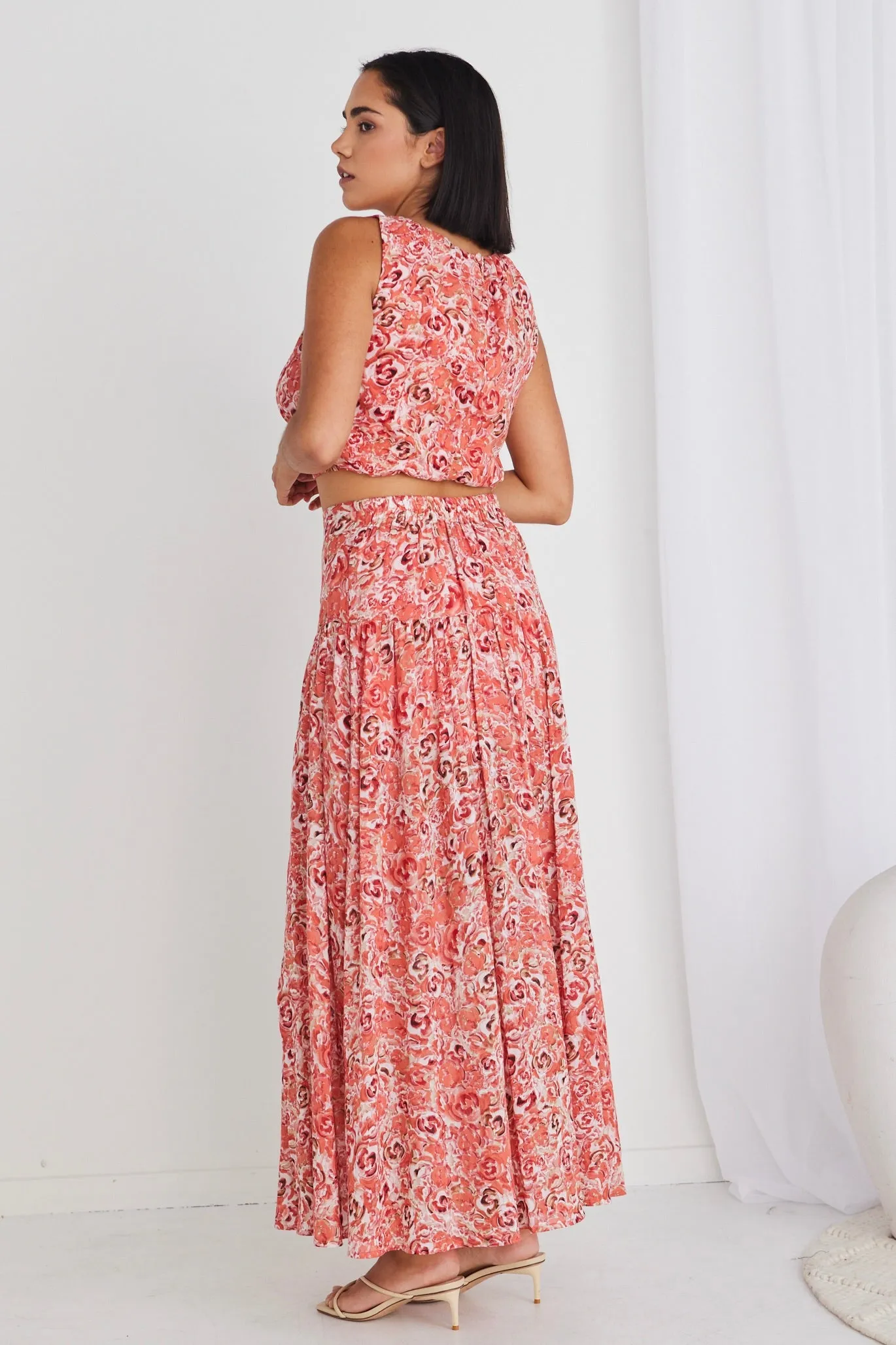 Aquarius Cinnamon Floral Tiered Split Front Maxi Skirt