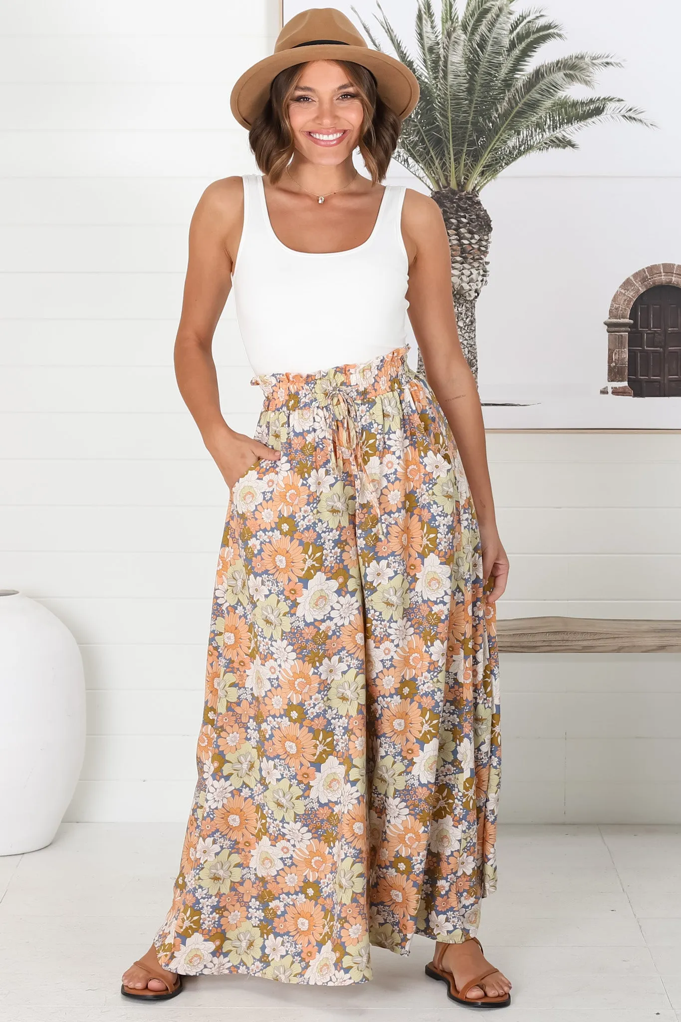 Avianna Pants - Paper Bag High Waisted Wide Leg Pants in Floral Print