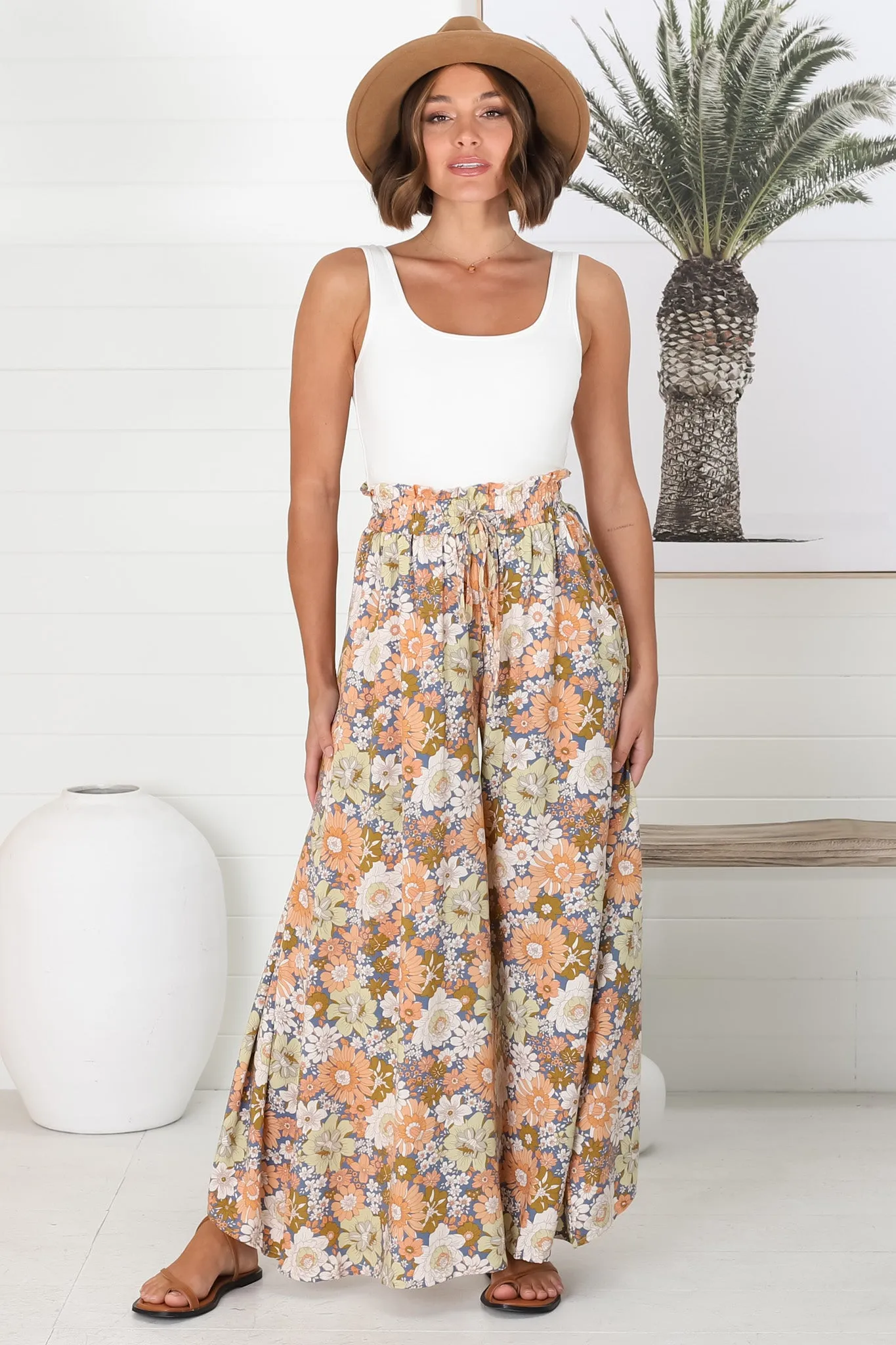 Avianna Pants - Paper Bag High Waisted Wide Leg Pants in Floral Print