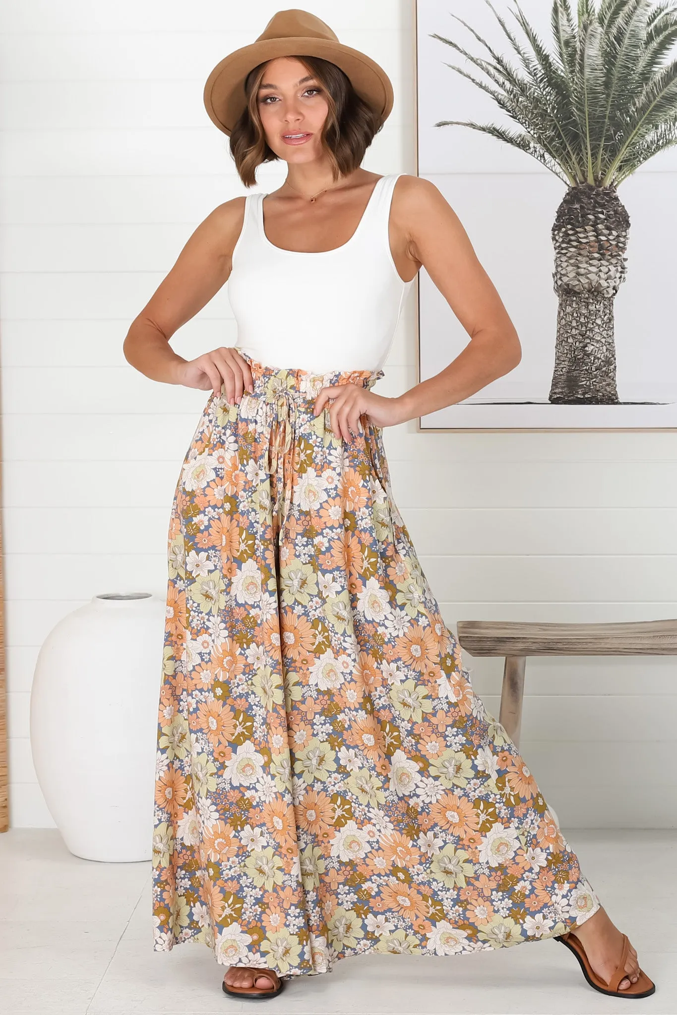 Avianna Pants - Paper Bag High Waisted Wide Leg Pants in Floral Print