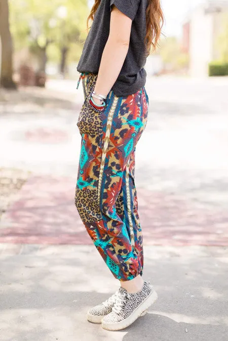 Aztec Leopard Patchwork High Waist Slim-fit Pants