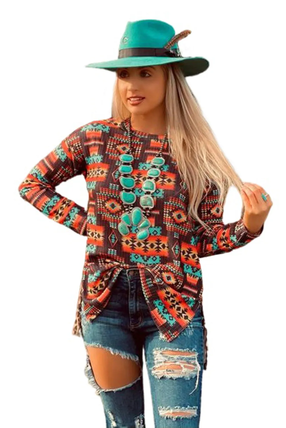 Aztec Long Sleeve Top with Side Slits And Leopard Patchwork