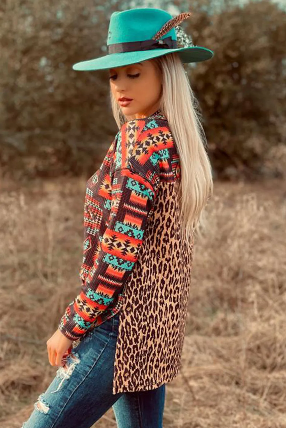 Aztec Long Sleeve Top with Side Slits And Leopard Patchwork