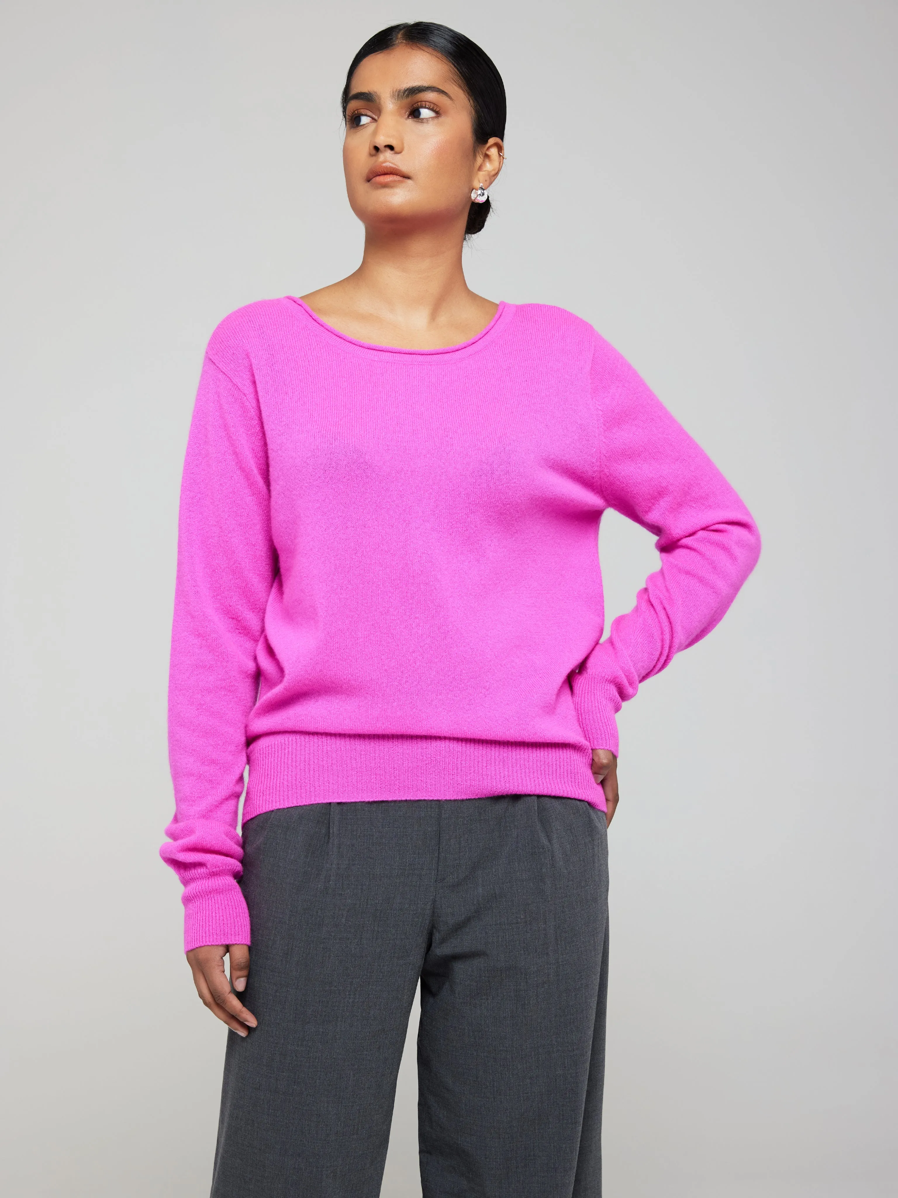 Beaulah Button Back Cashmere Crew Neck