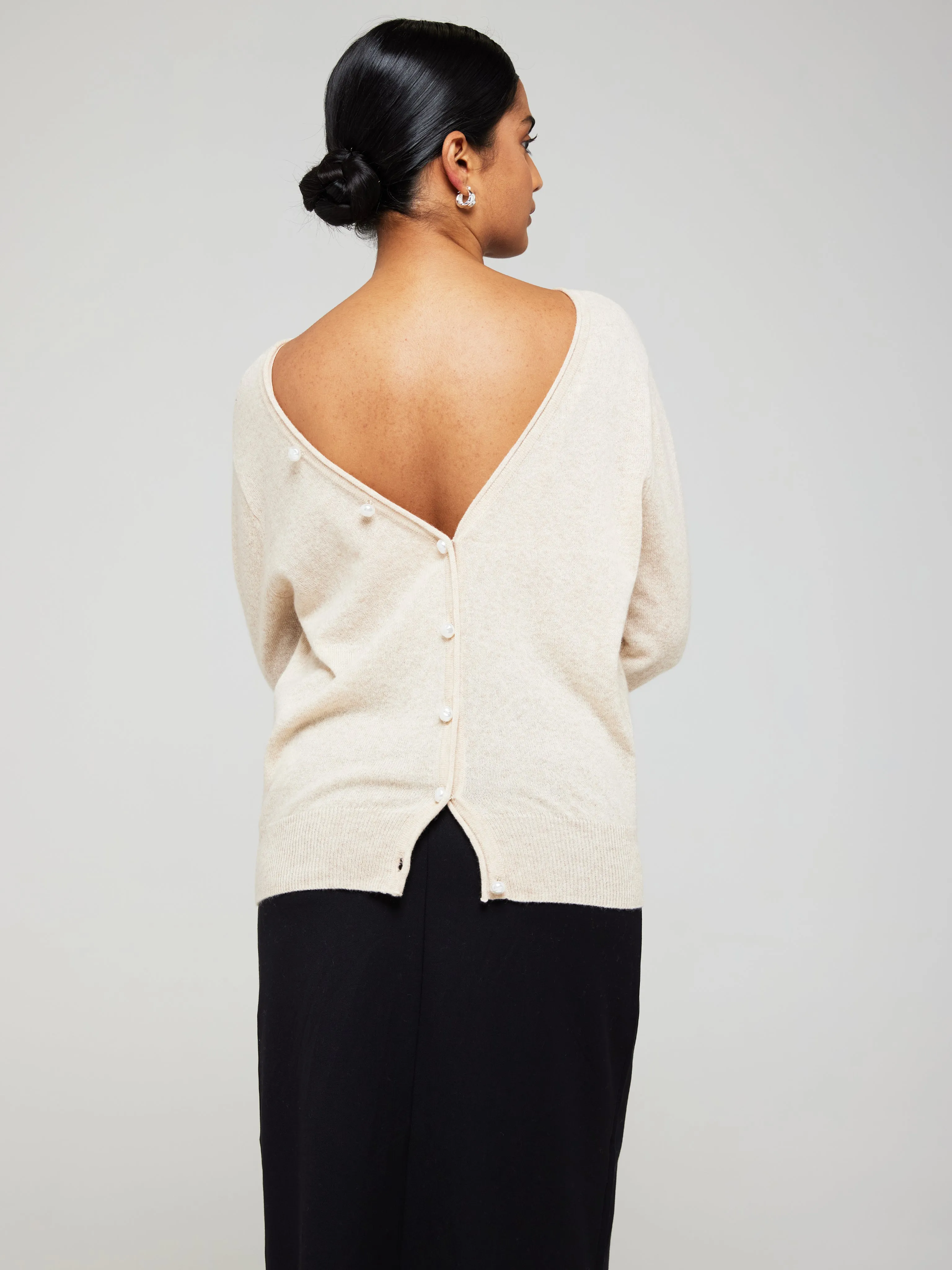 Beaulah Button Back Cashmere Crew Neck