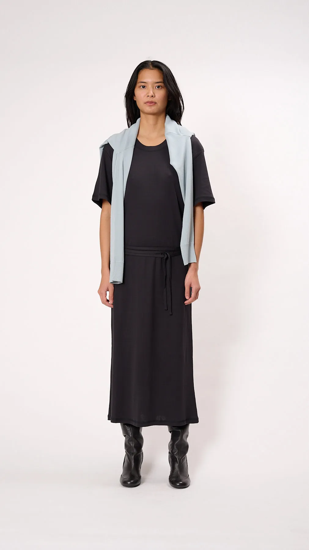 Belted Rib T-shirt Dress in Squid Ink