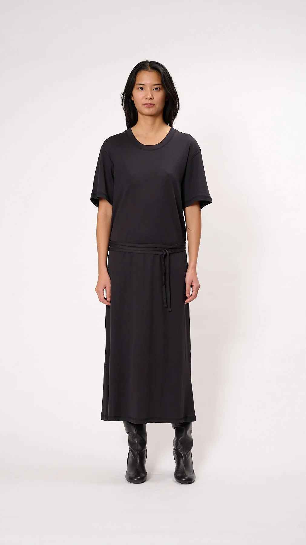 Belted Rib T-shirt Dress in Squid Ink