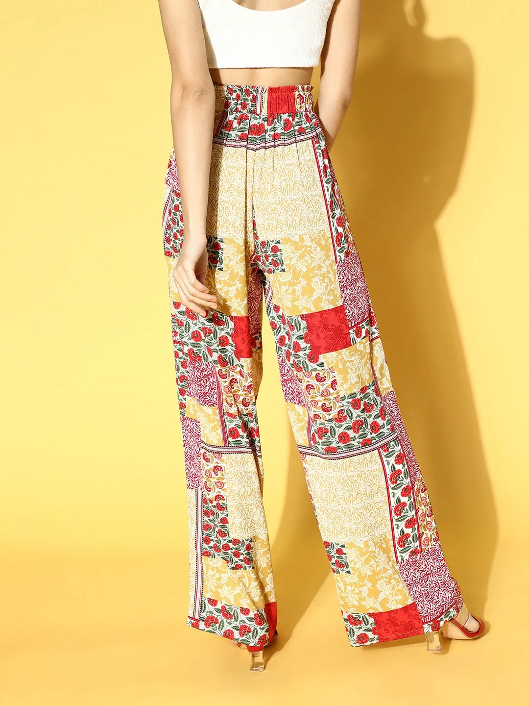 Berrylush Women Red & Yellow Ethnic Motifs Print Flare Fit High-Rise Waist Plain Trousers