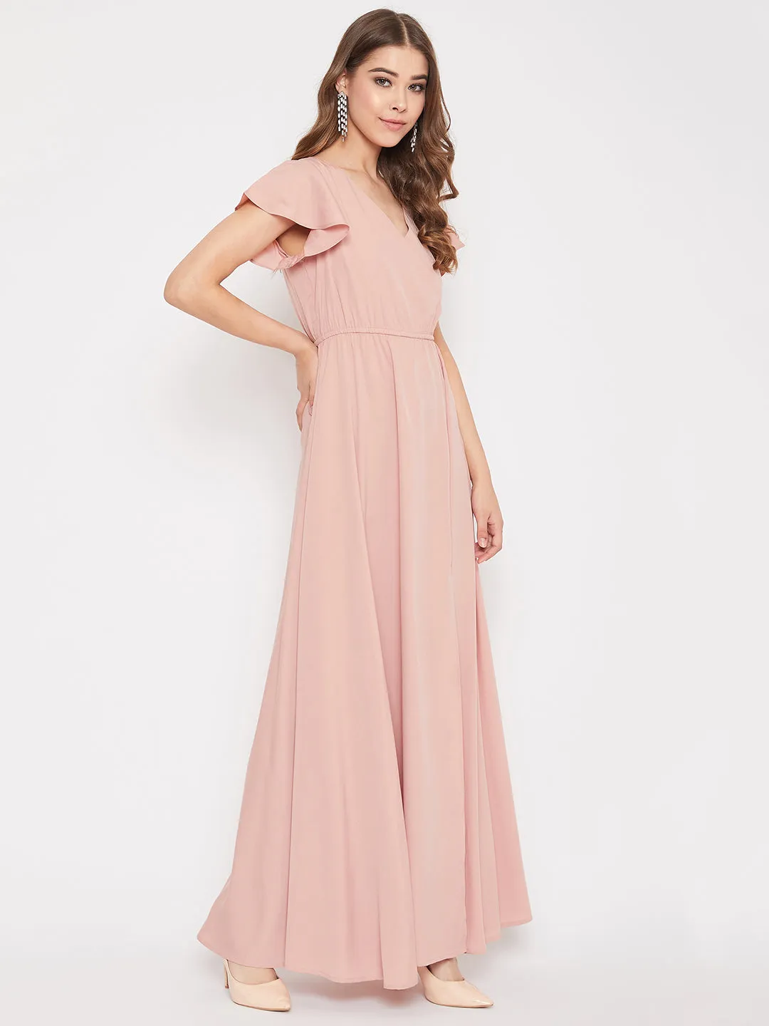 Berrylush Women Solid Pink V-Neck Thigh-High Slit Flared Maxi Dress