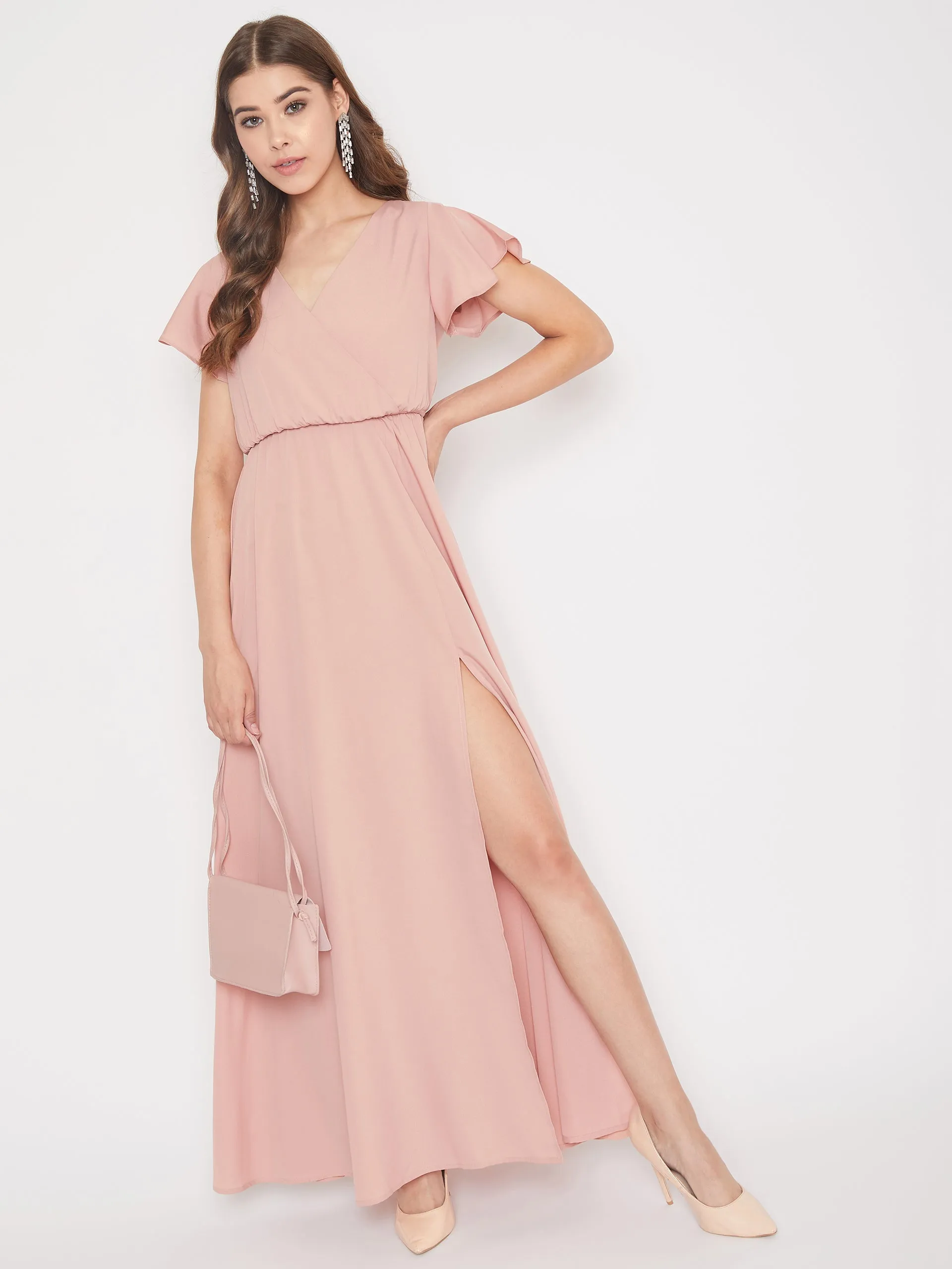 Berrylush Women Solid Pink V-Neck Thigh-High Slit Flared Maxi Dress