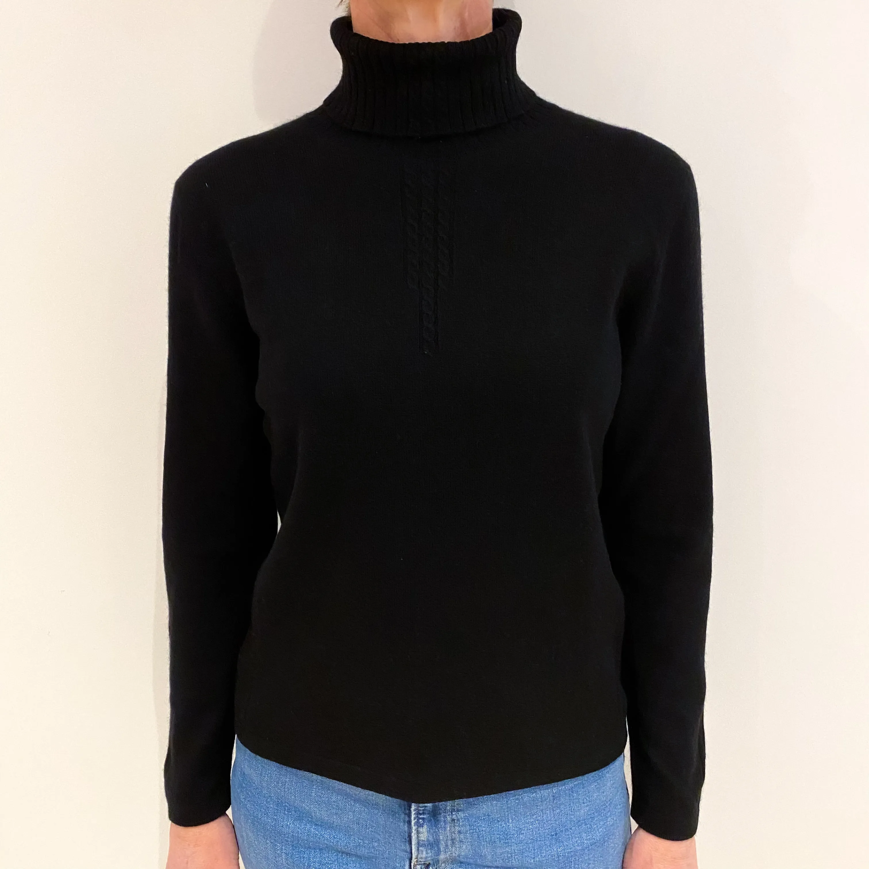 Black Cashmere Polo Neck Ribbed and Cable Detail Jumper Small