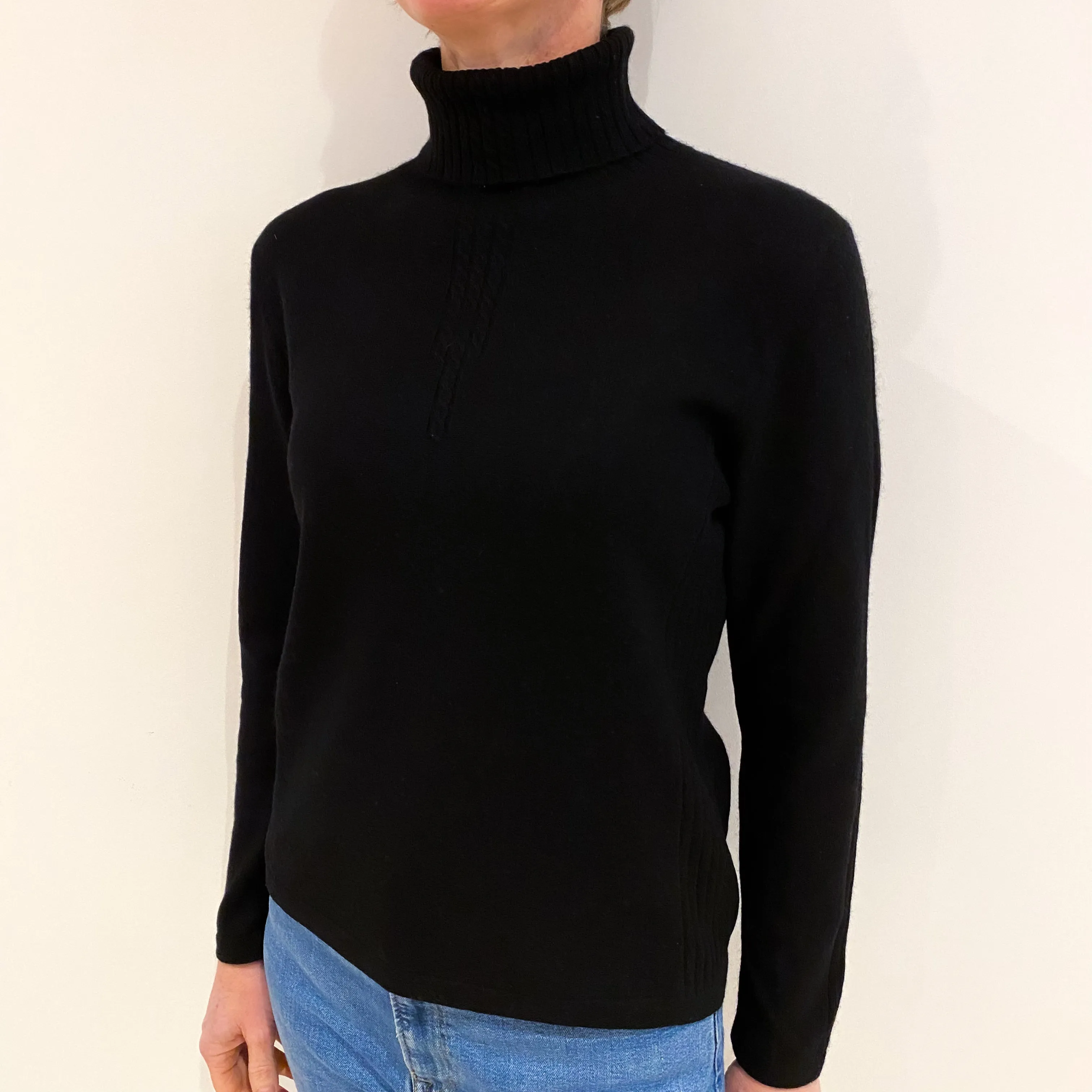 Black Cashmere Polo Neck Ribbed and Cable Detail Jumper Small