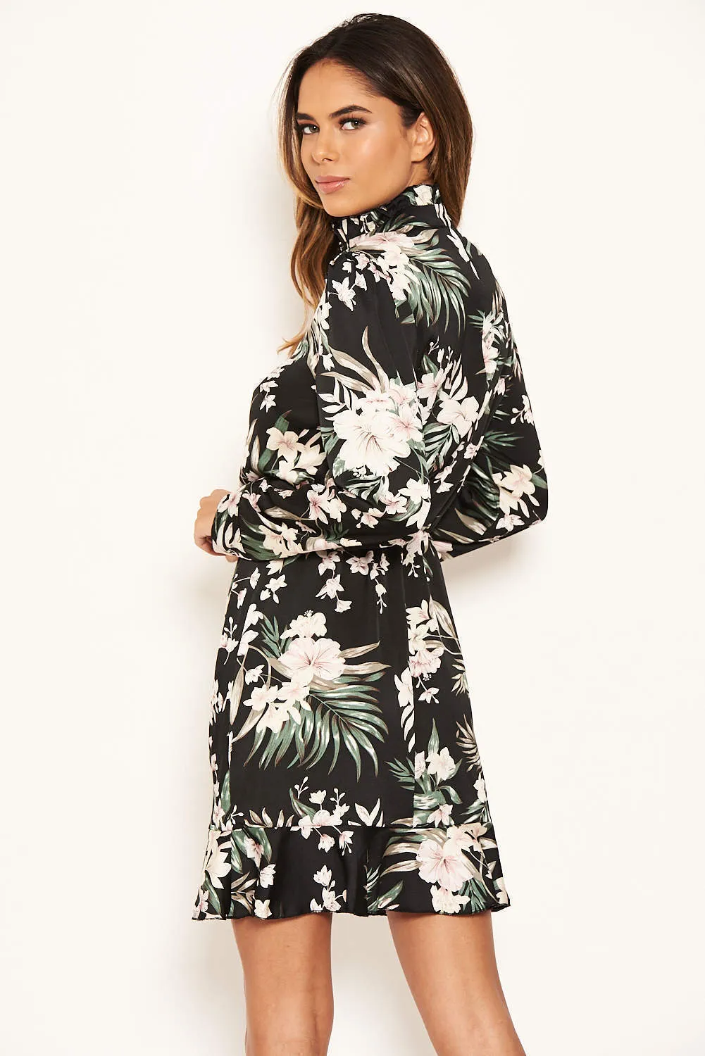 Black Floral Frill Shirt Dress