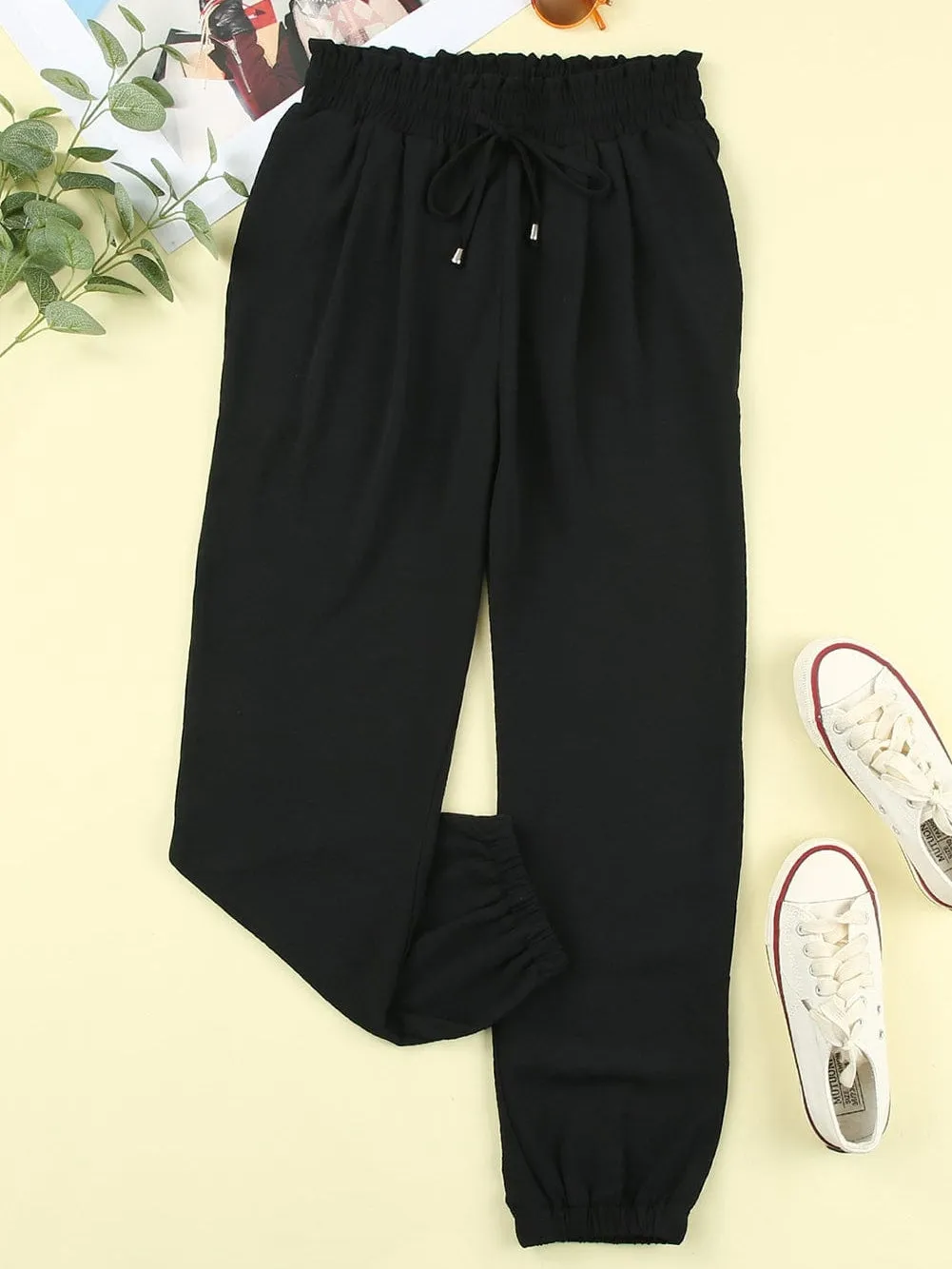 Black Smocked Waist Elastic Joggers for Women