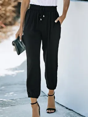 Black Smocked Waist Elastic Joggers for Women