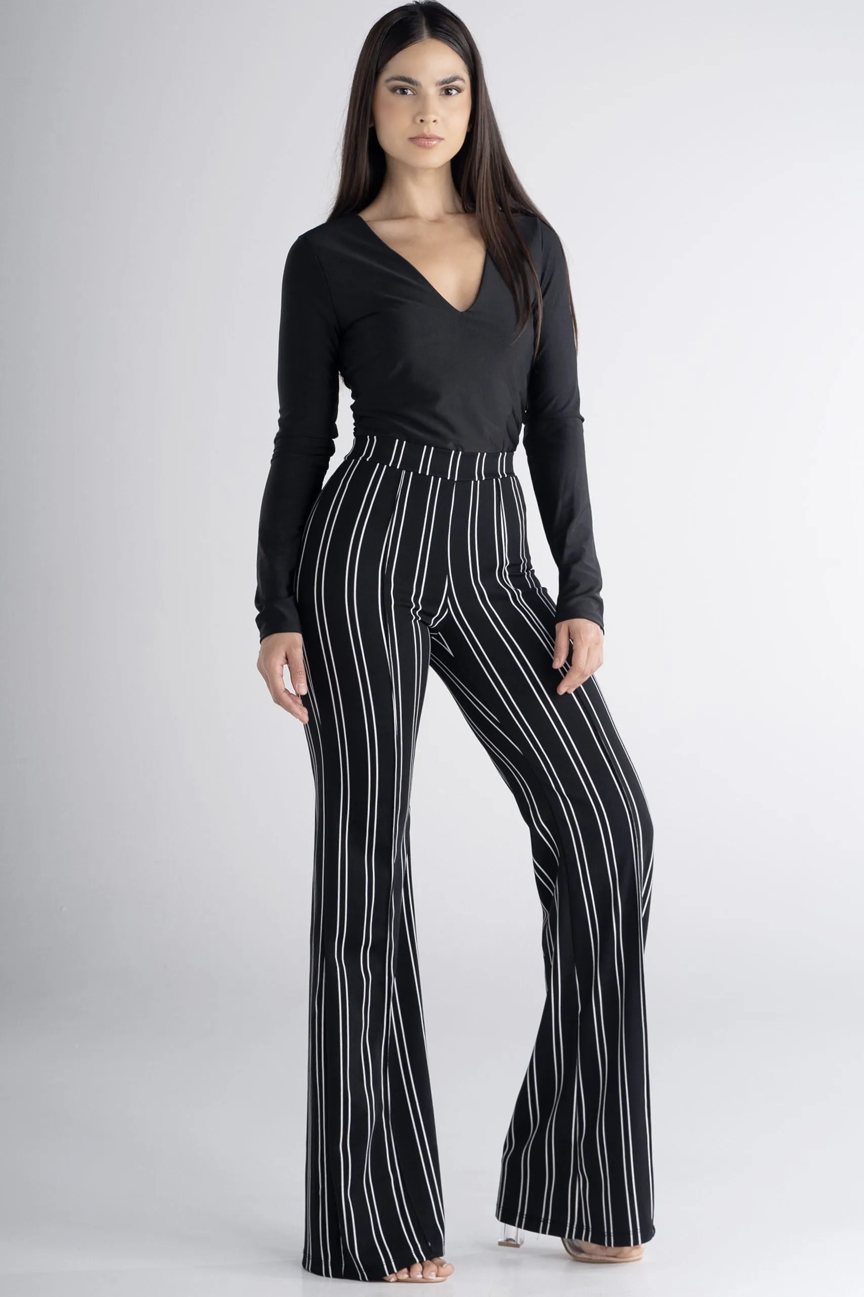 Black Striped Classic Fit High Waist Pants