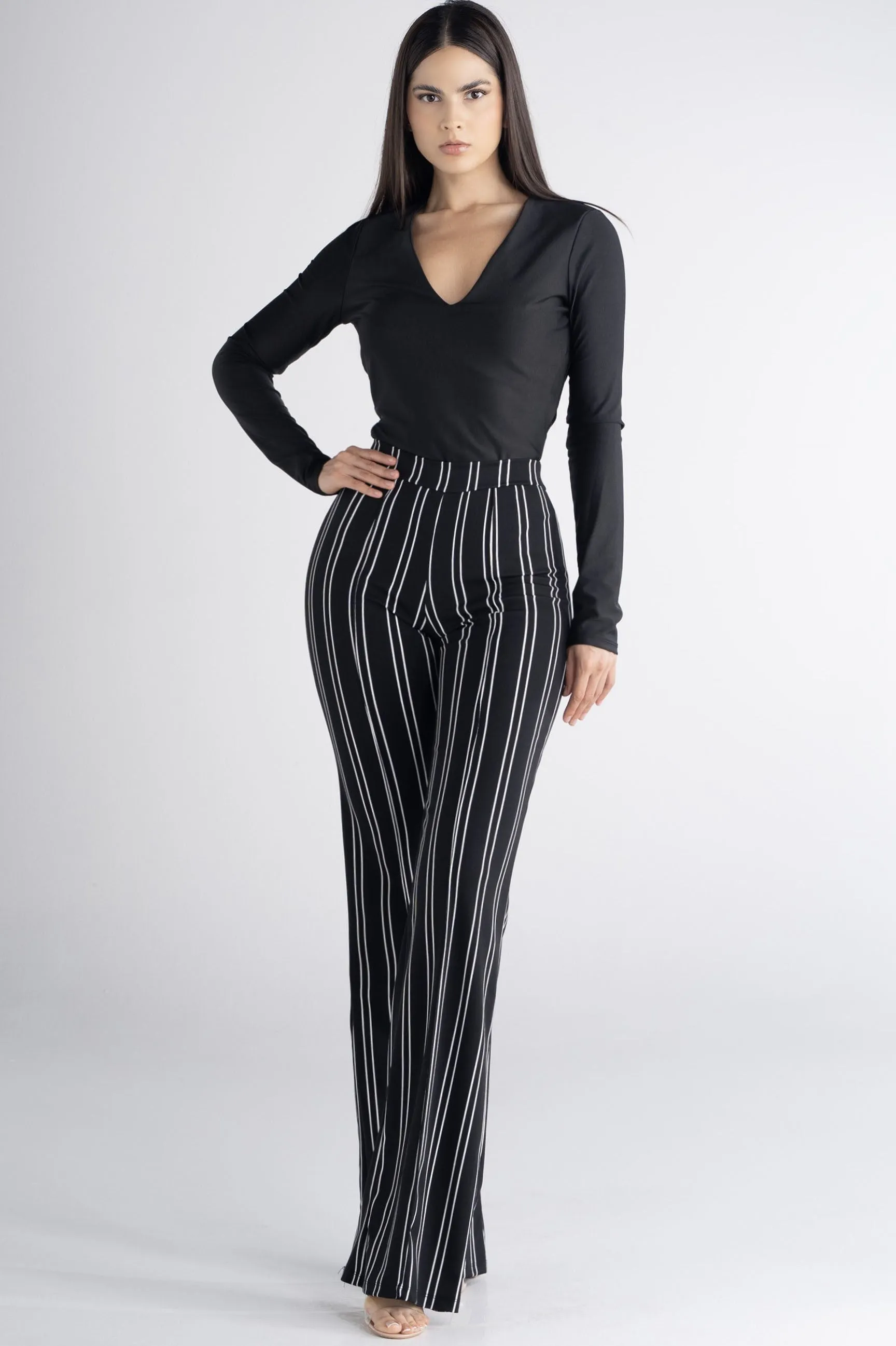 Black Striped Classic Fit High Waist Pants