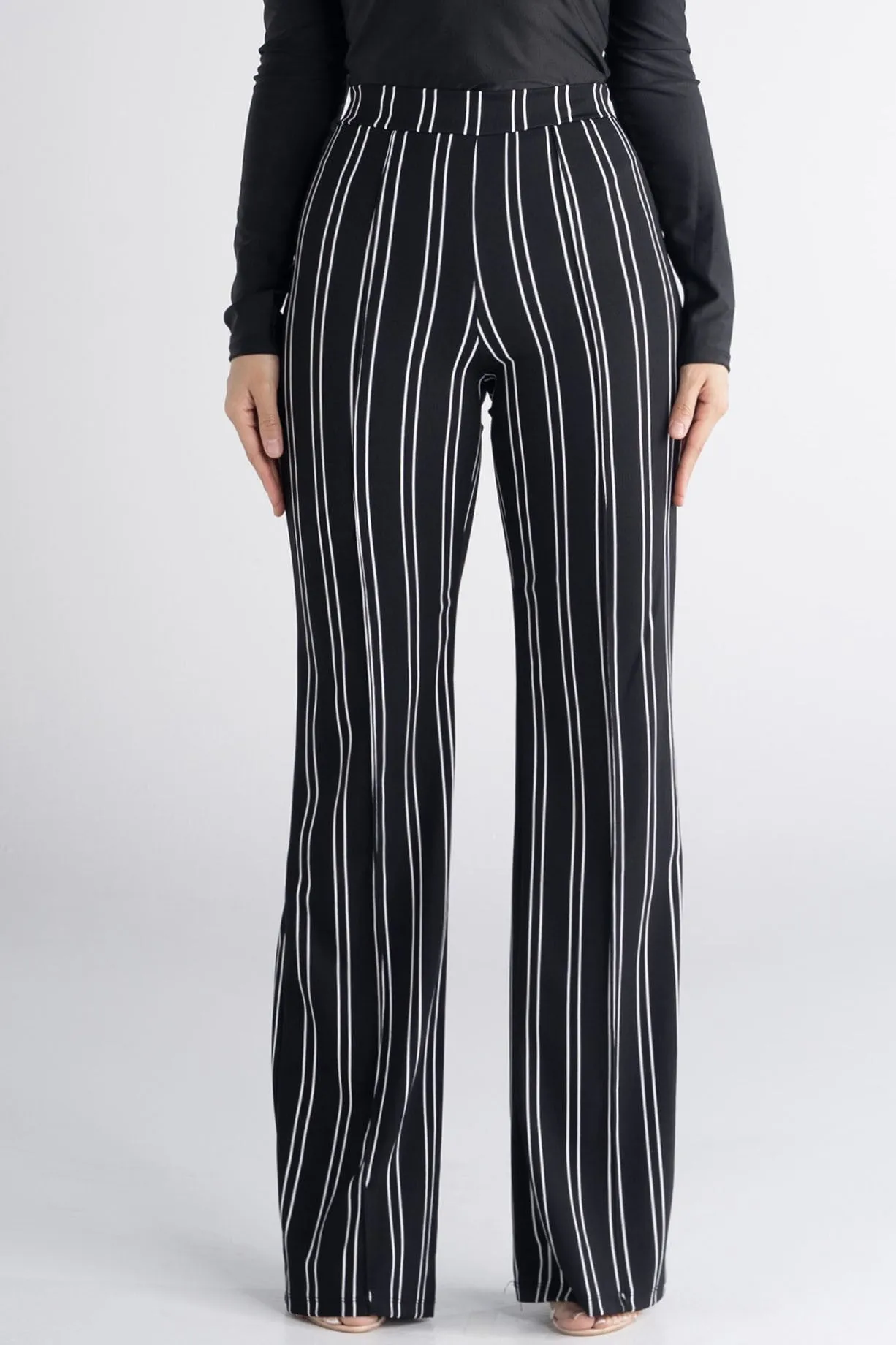 Black Striped Classic Fit High Waist Pants