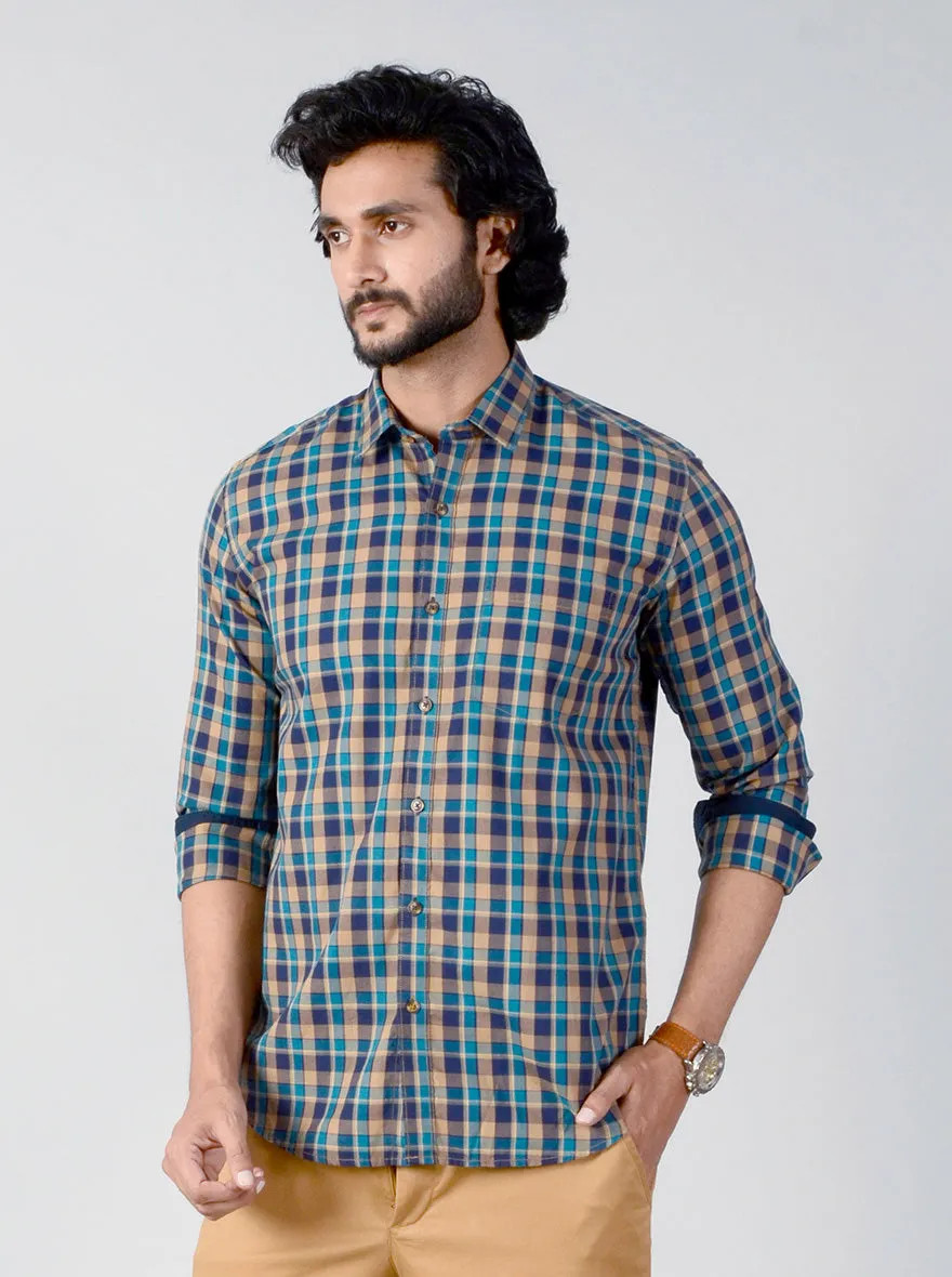 Blue & Mustard Checked Slim Fit Casual Shirt | JadeBlue